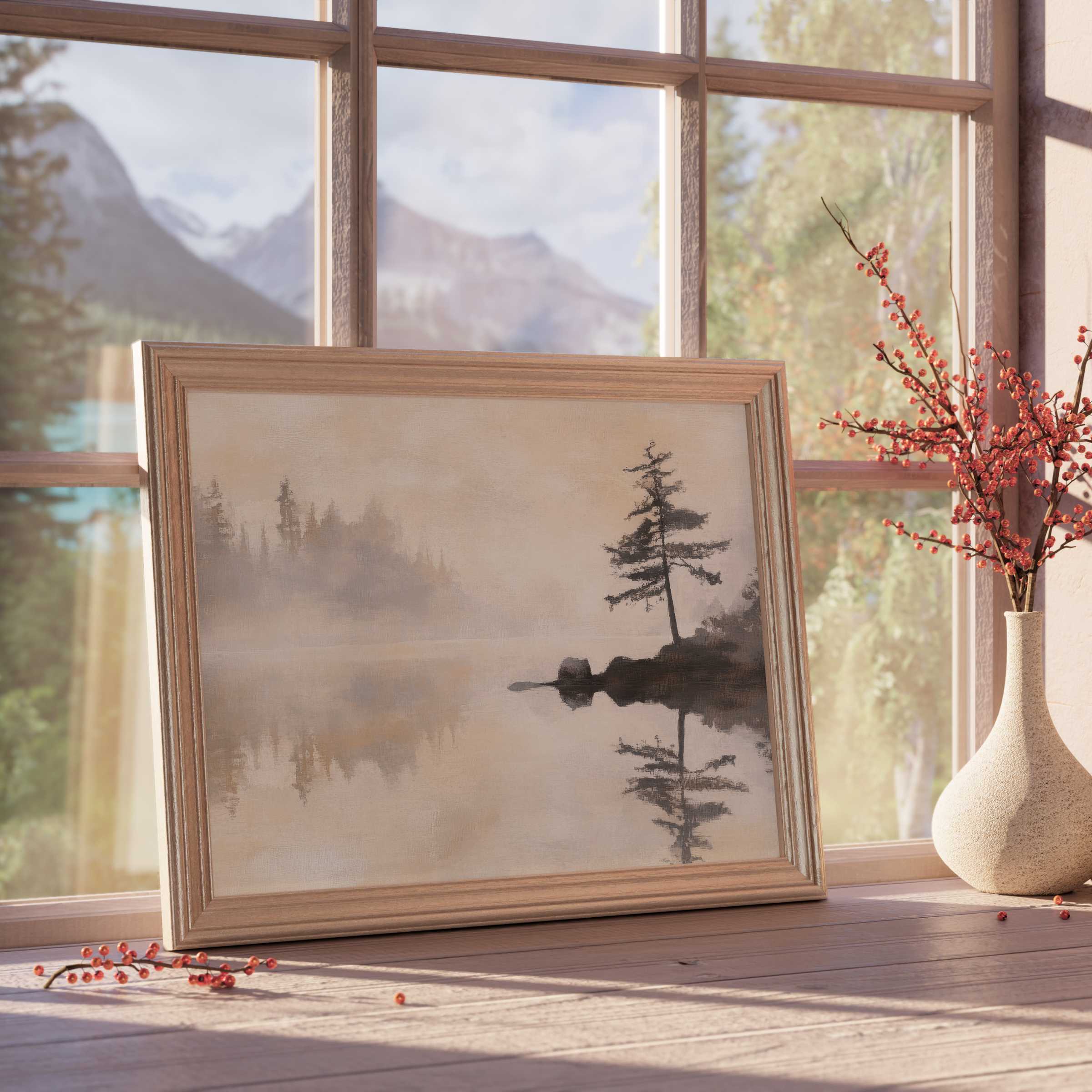 Serene landscape downloadable art with misty lake reflection, enhancing tranquil, curated interiors with natural elegance and soft light