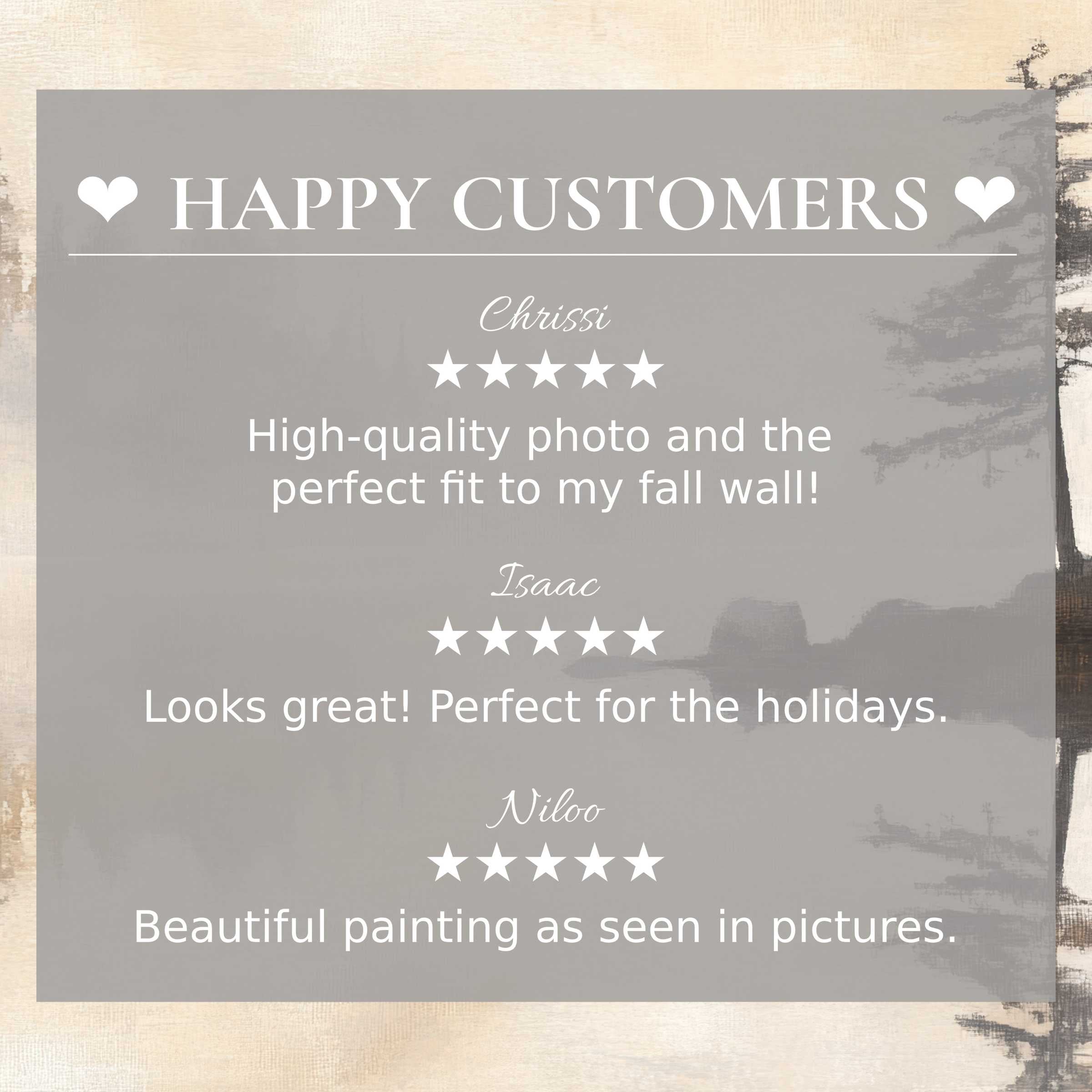 Elegant landscape art for Frame TV with muted trees, showcasing happy customer reviews that build trust and style appeal