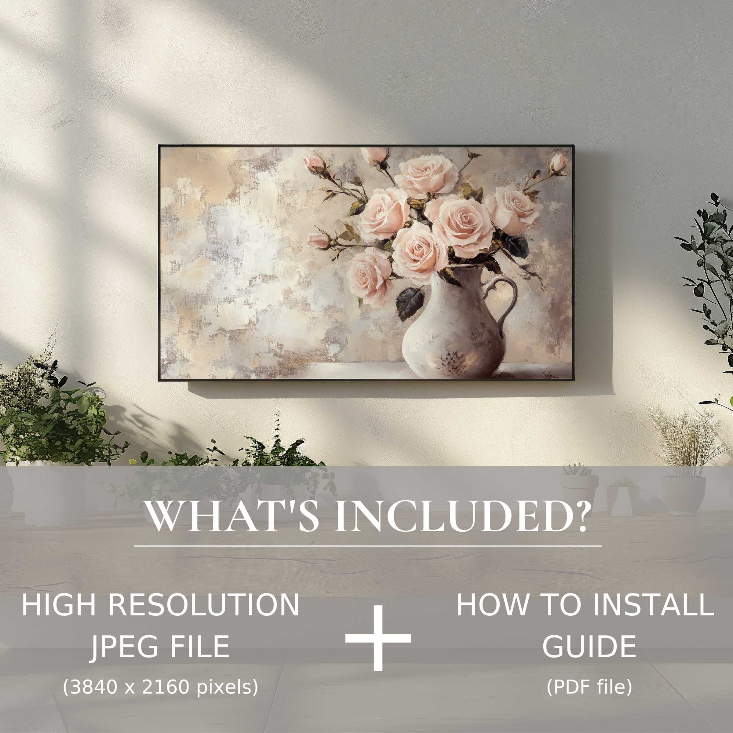 Elegant floral digital TV art download enhances stylish living spaces with easy, high-res digital use and installation guide