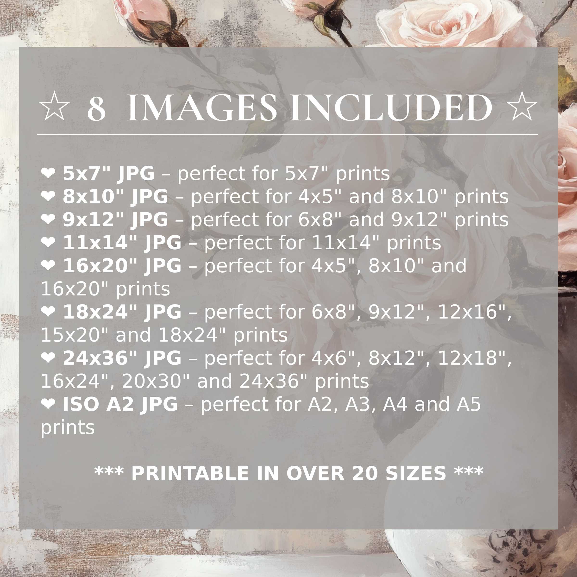 Floral digital print in soft blush and cream hues, radiating calm sophistication; includes 8 high-res sizes for versatile, elegant modern interiors