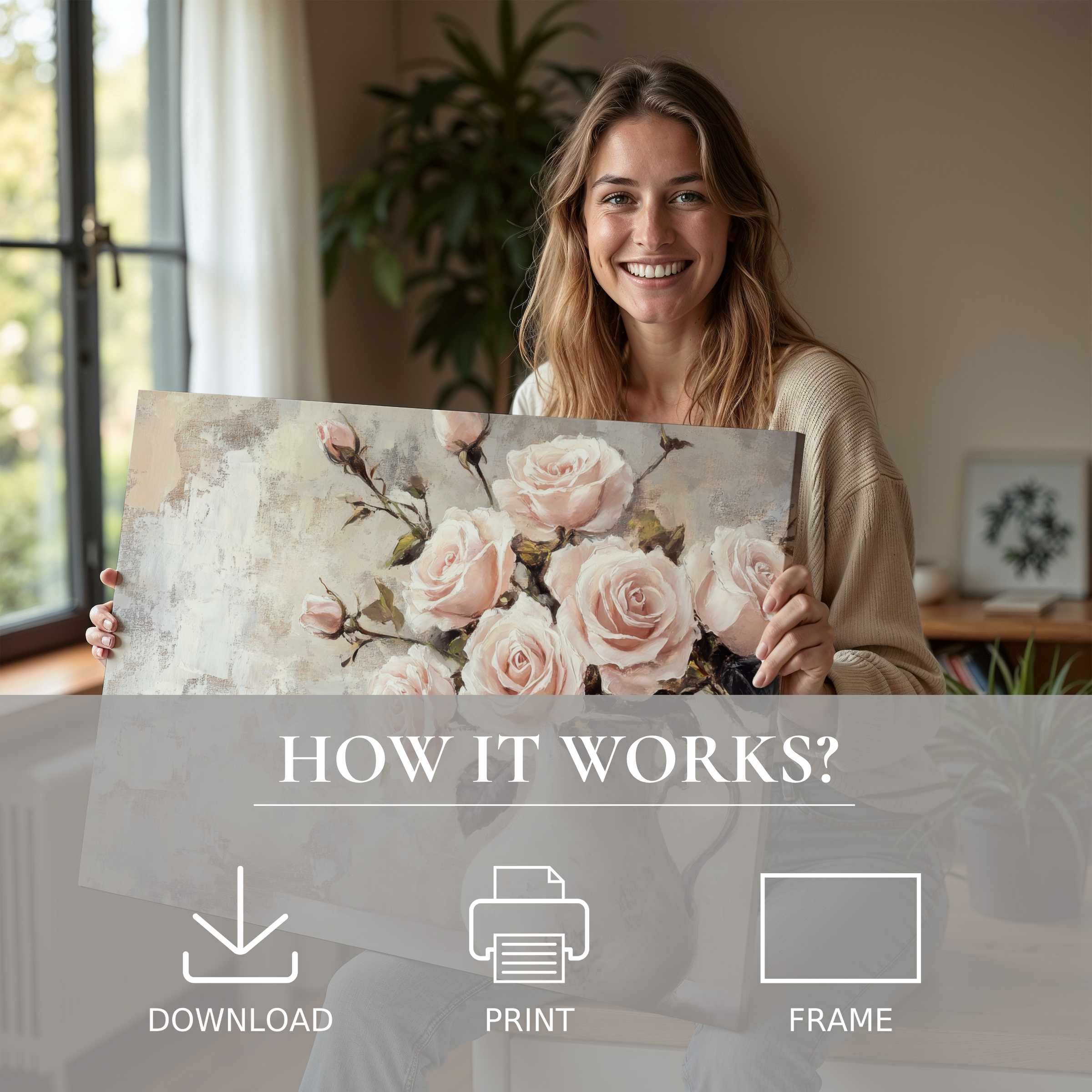 A serene moment of joy in a modern home, connecting deeply with a floral digital art print in soft, timeless hues