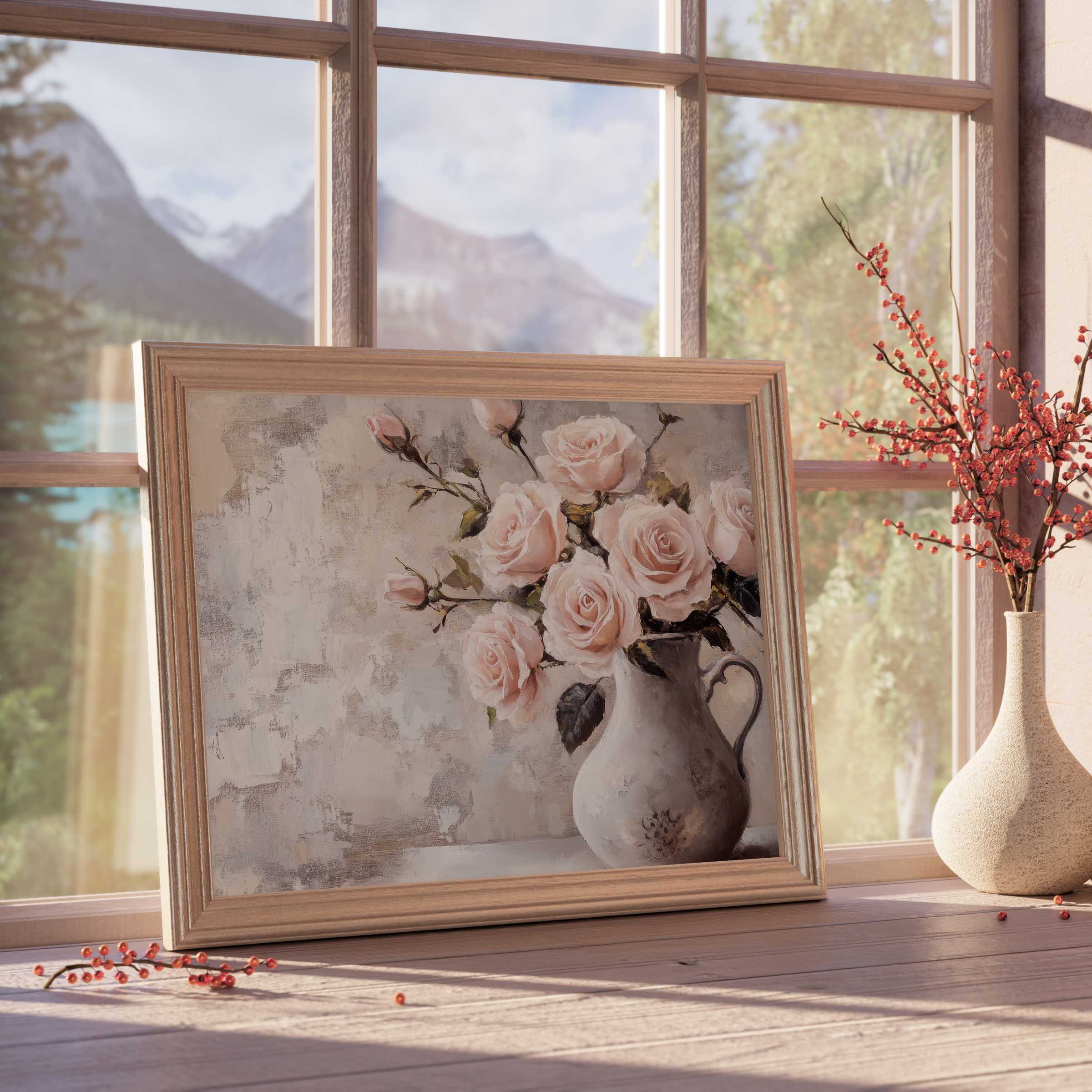Floral downloadable art featuring soft blush roses in a vintage vase, radiating serene elegance for tranquil, refined interiors