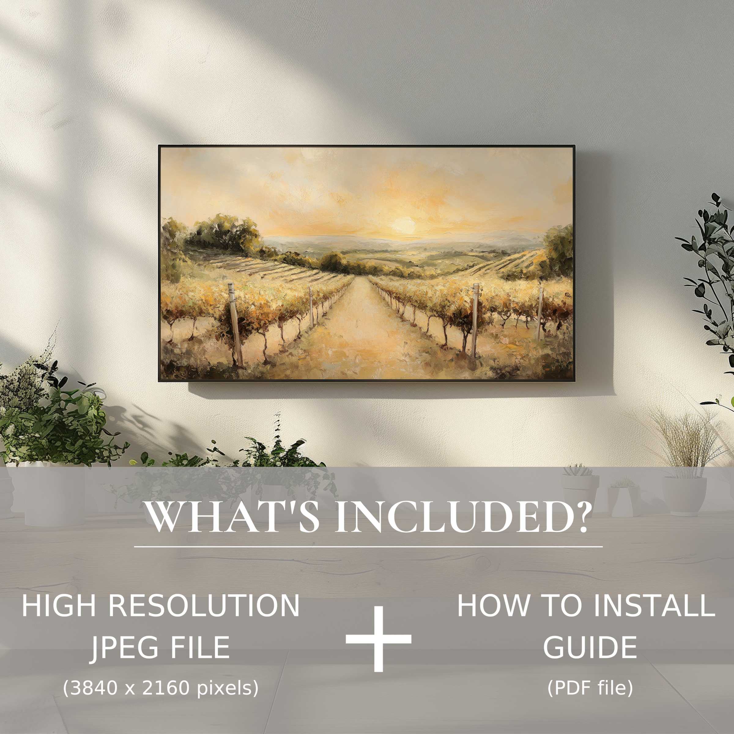 Elegant summer digital TV art download enriches your stylish space with easy, high-res digital use and warm vineyard views