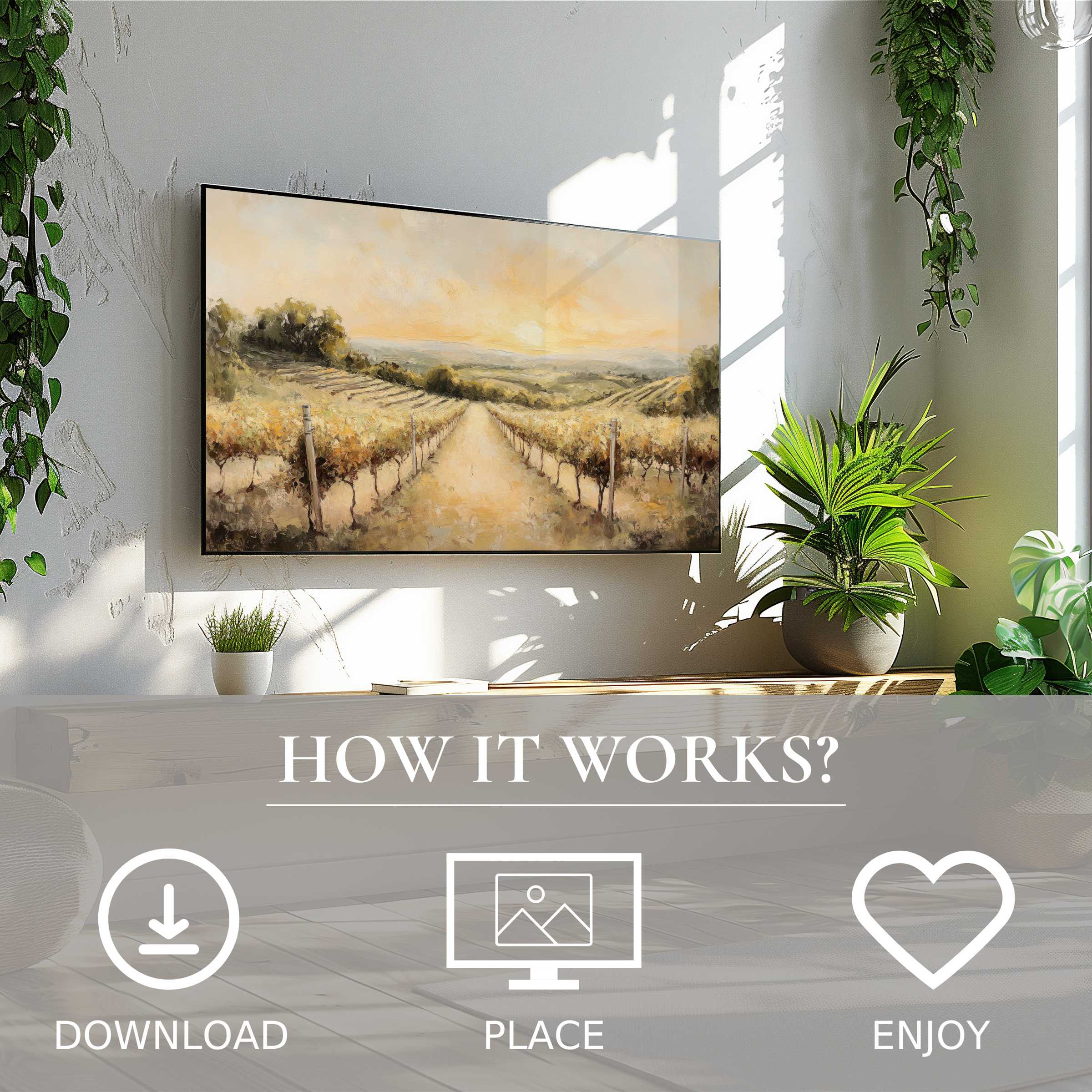 Summer art for Samsung TV shows soft sunset tones in vineyard motif, easy digital download that elevates modern living spaces