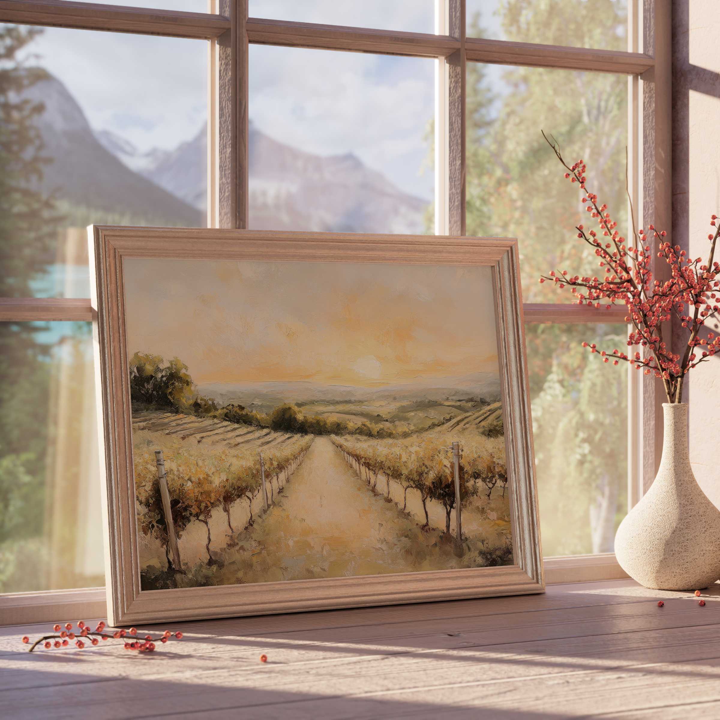 Sunlit vineyard landscape in warm hues, a summer downloadable art piece that elevates serene, sophisticated interiors