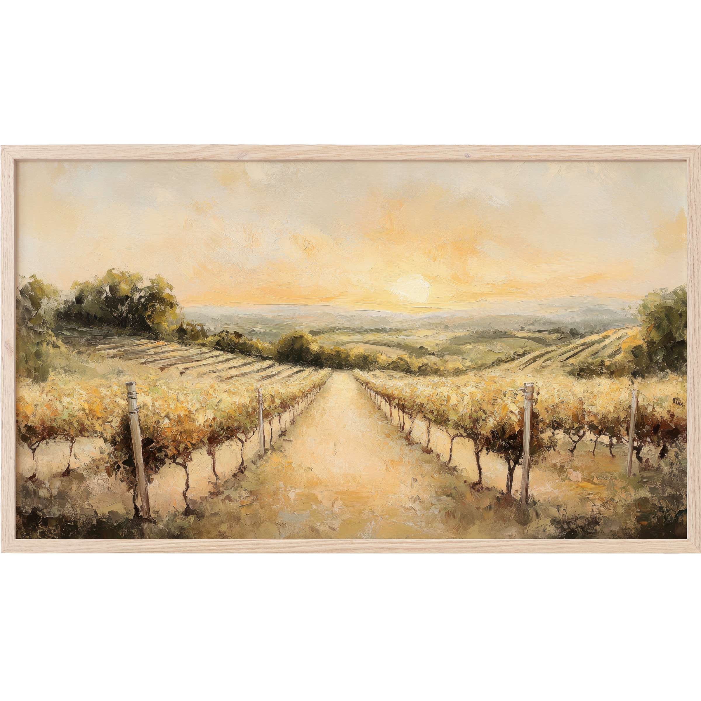 Soft golden hues and textured brushstrokes depict a sunlit vineyard path in this elegant summer Frame TV Art