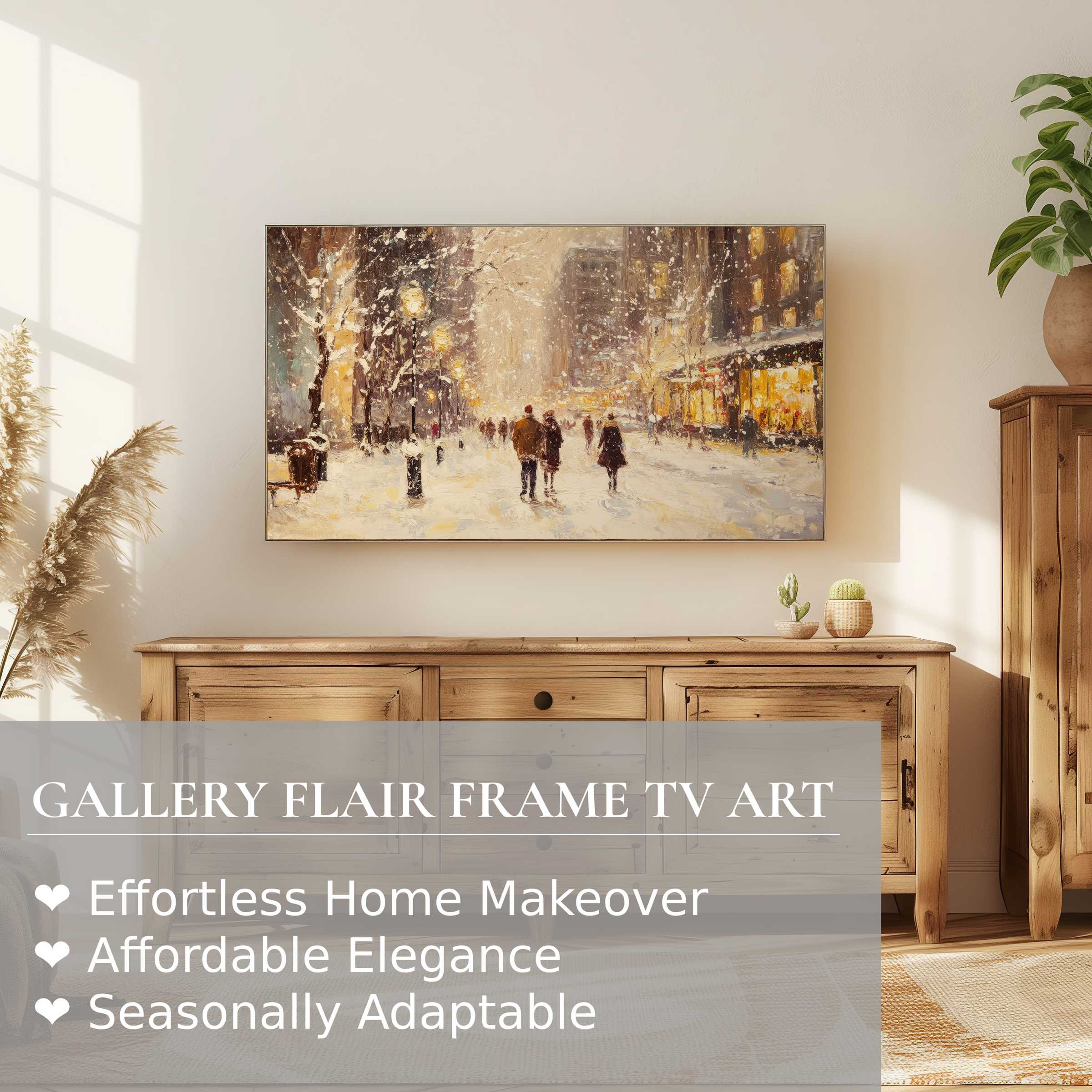 Samsung Frame TV displays elegant christmas digital artwork of a snowy city street in warm, modern home decor