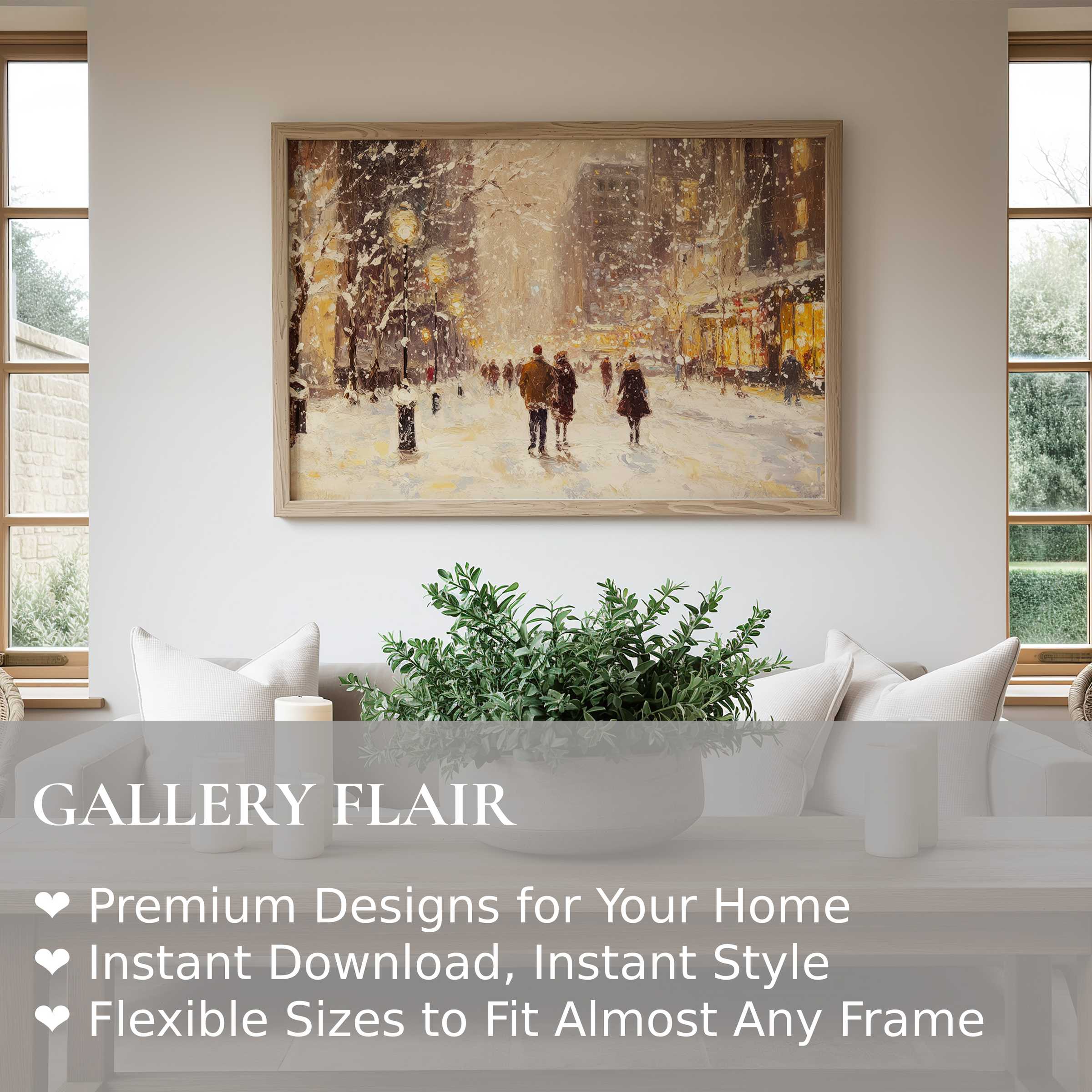 Christmas wall art print featuring a serene snow-covered city street scene, evoking warm, radiant holiday elegance in a minimalist, modern living space Perfect for elevating festive home decor with timeless charm and cozy seasonal ambiance