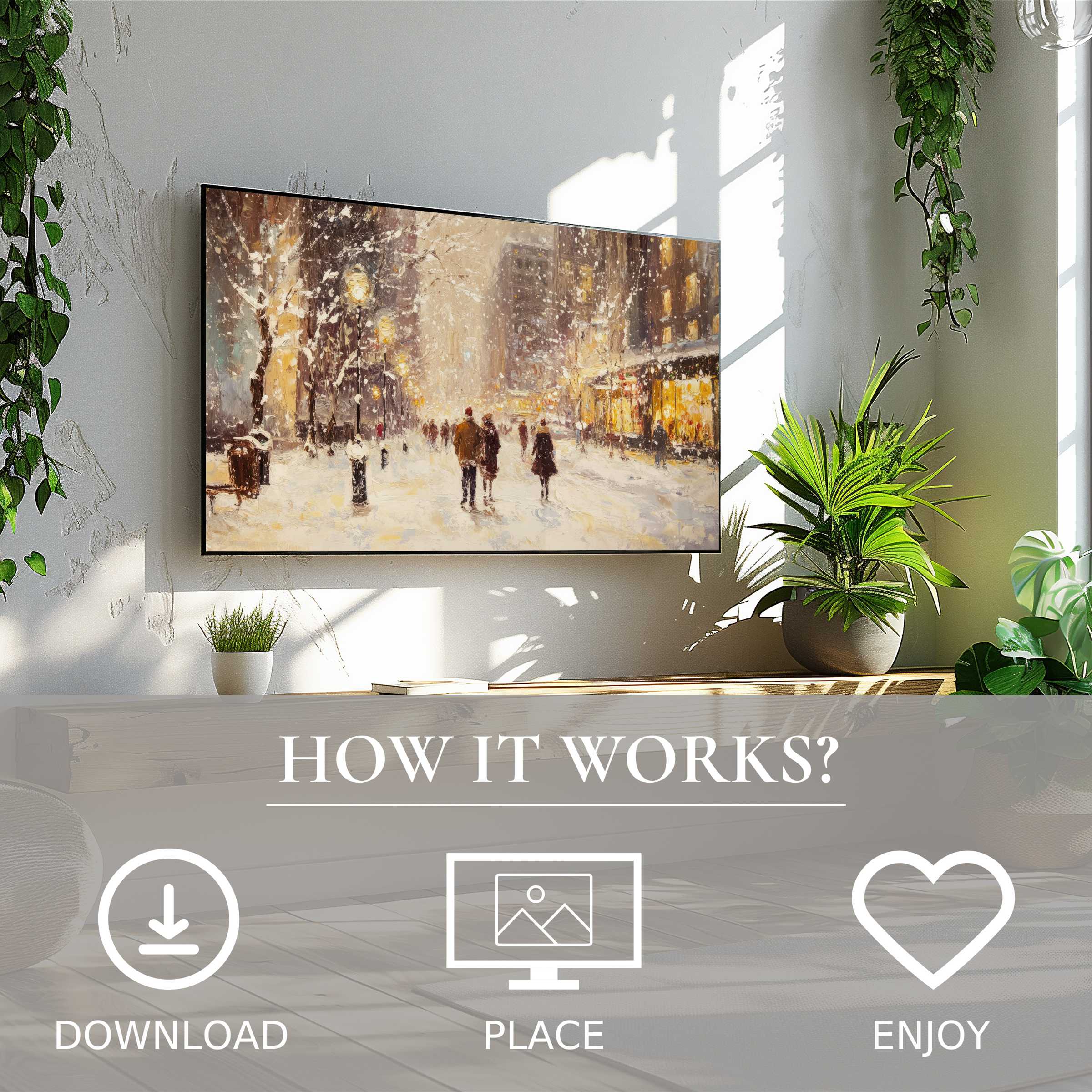 Modern living room with green plants; easy digital download of christmas art for Samsung TV with warm snowfall scene