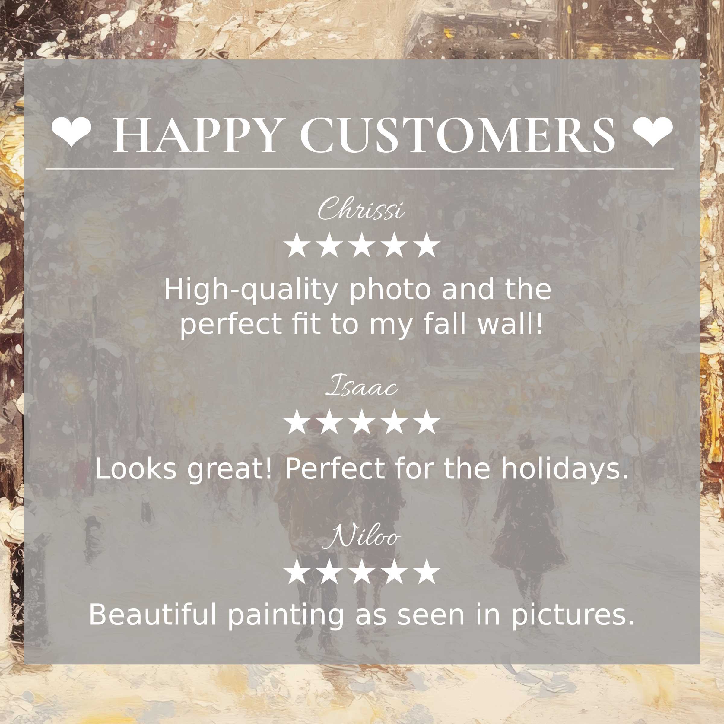 Elegant christmas art for Frame TV with abstract winter tones, showcasing happy customer reviews building trust