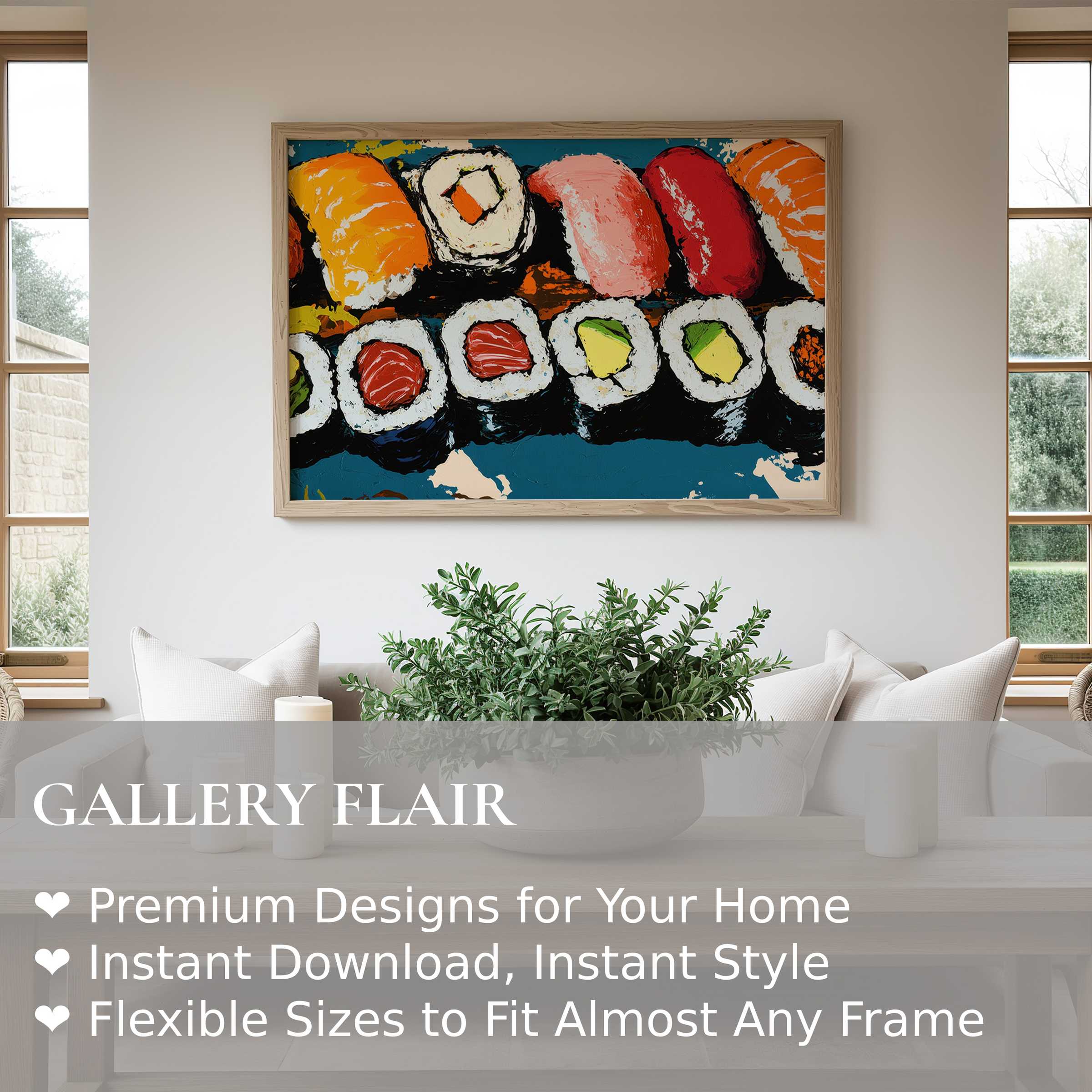 Vibrant pop art wall art print of sushi rolls energizes a modern minimalist living room with bold color and playful culinary charm