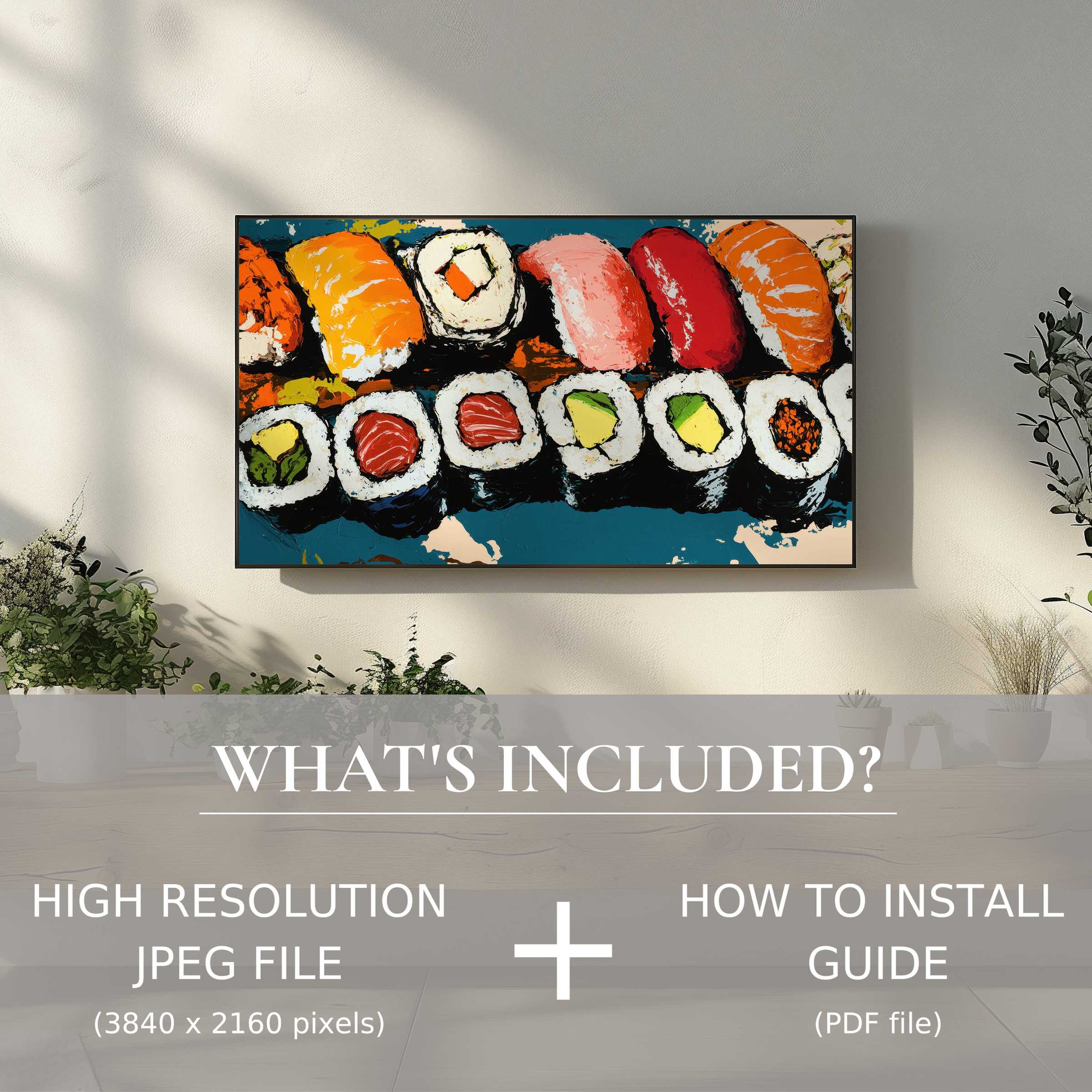 Elegant pop art digital TV art download of vibrant sushi enhances any living space with easy digital high-res use