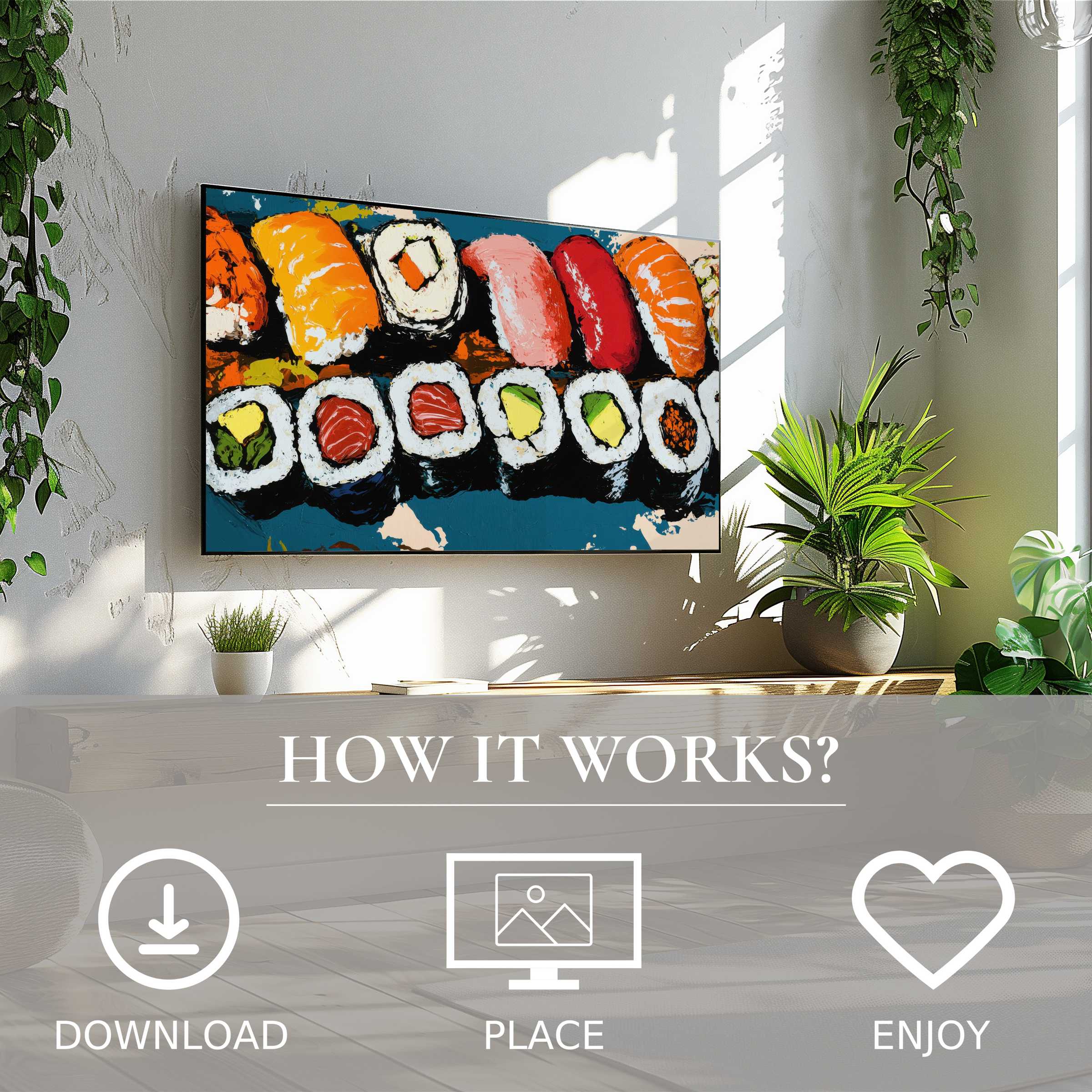Pop art art for Samsung TV with vibrant sushi motif, easy digital download to elevate your modern living space effortlessly