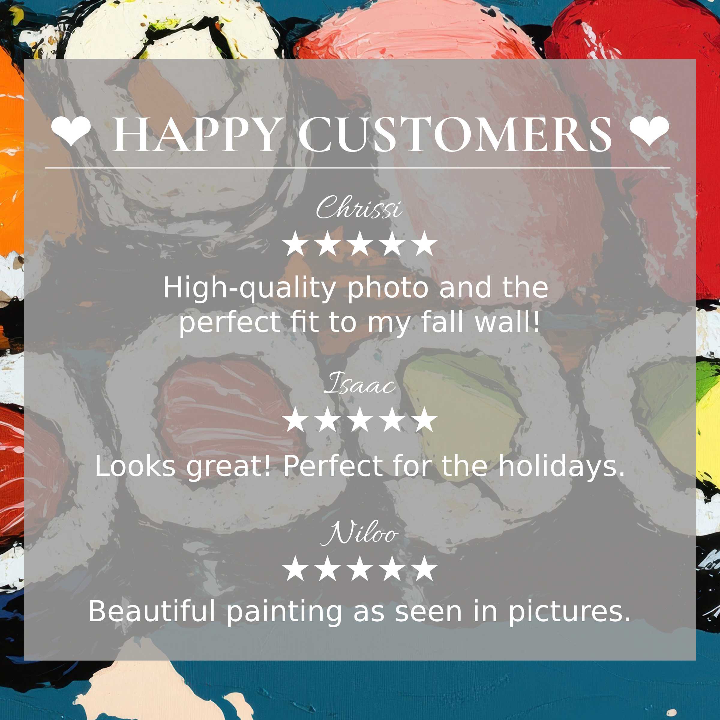 Pop art for Frame TV with abstract sunset hues, showcasing happy customer reviews and refined, elegant design