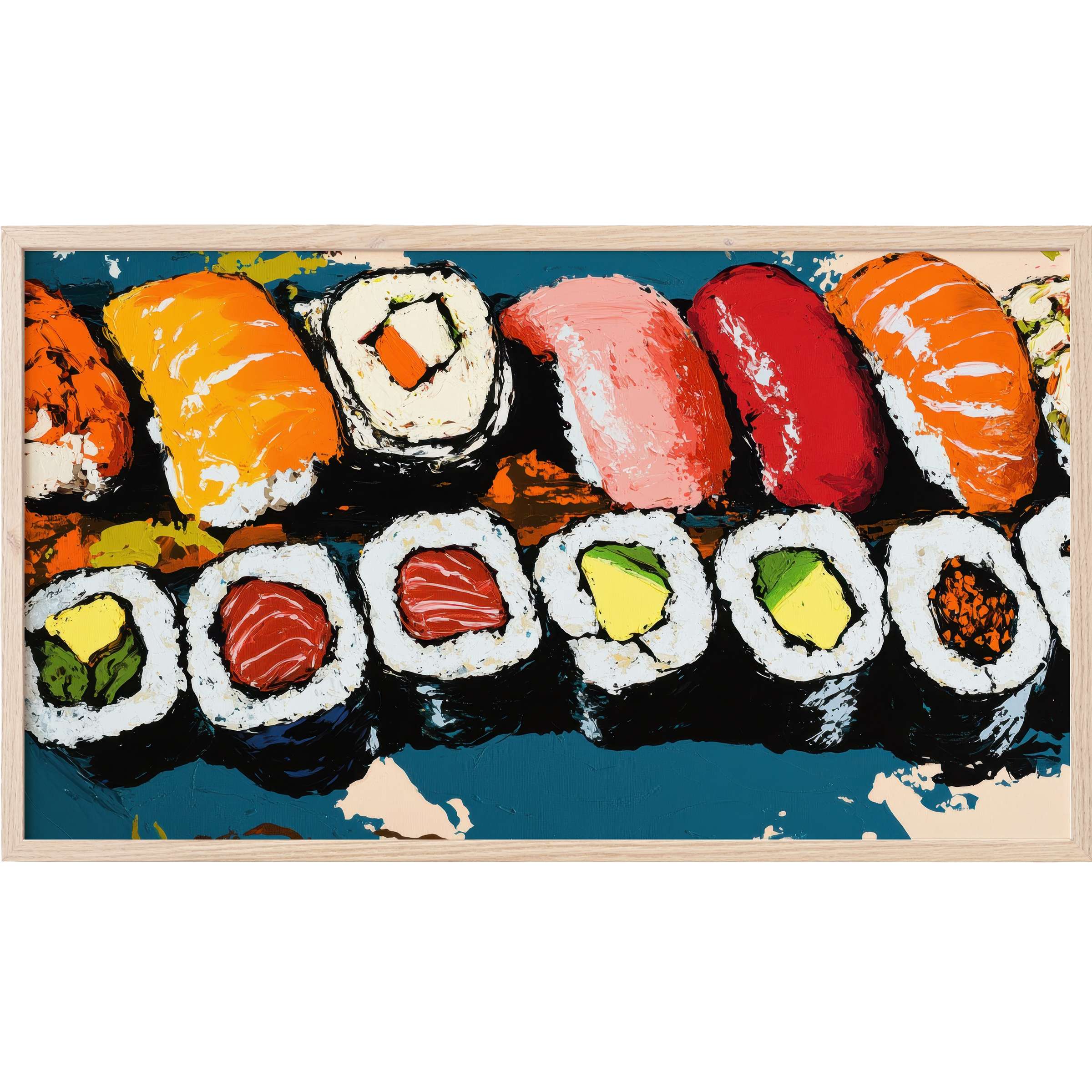 Vibrant sushi platter in bold, textured strokes with rich orange, red, and green hues, pop art Frame TV Art