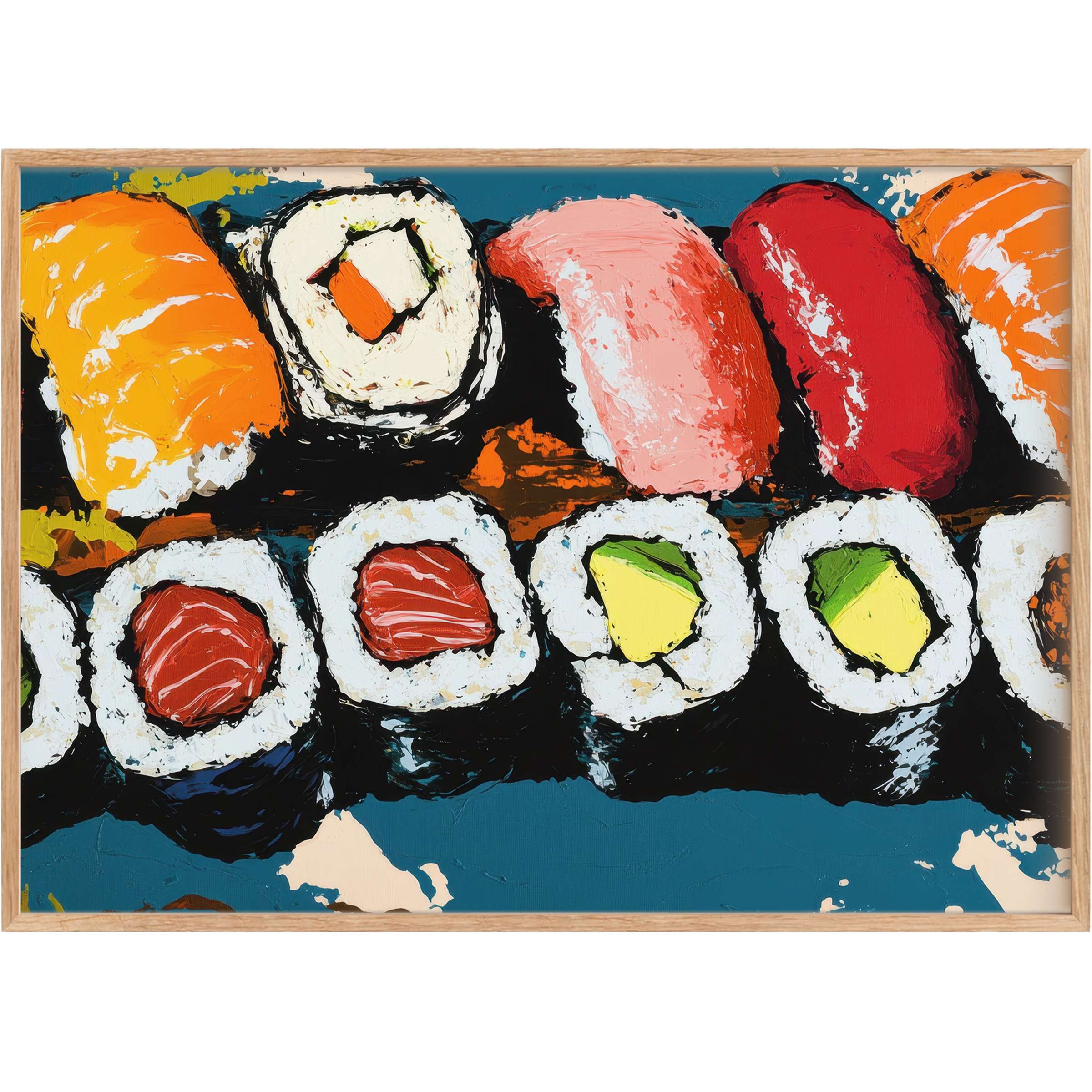 Vibrant pop art printable wall art featuring bold sushi hues of coral, avocado green, and ocean blue, igniting a playful, chic ambiance