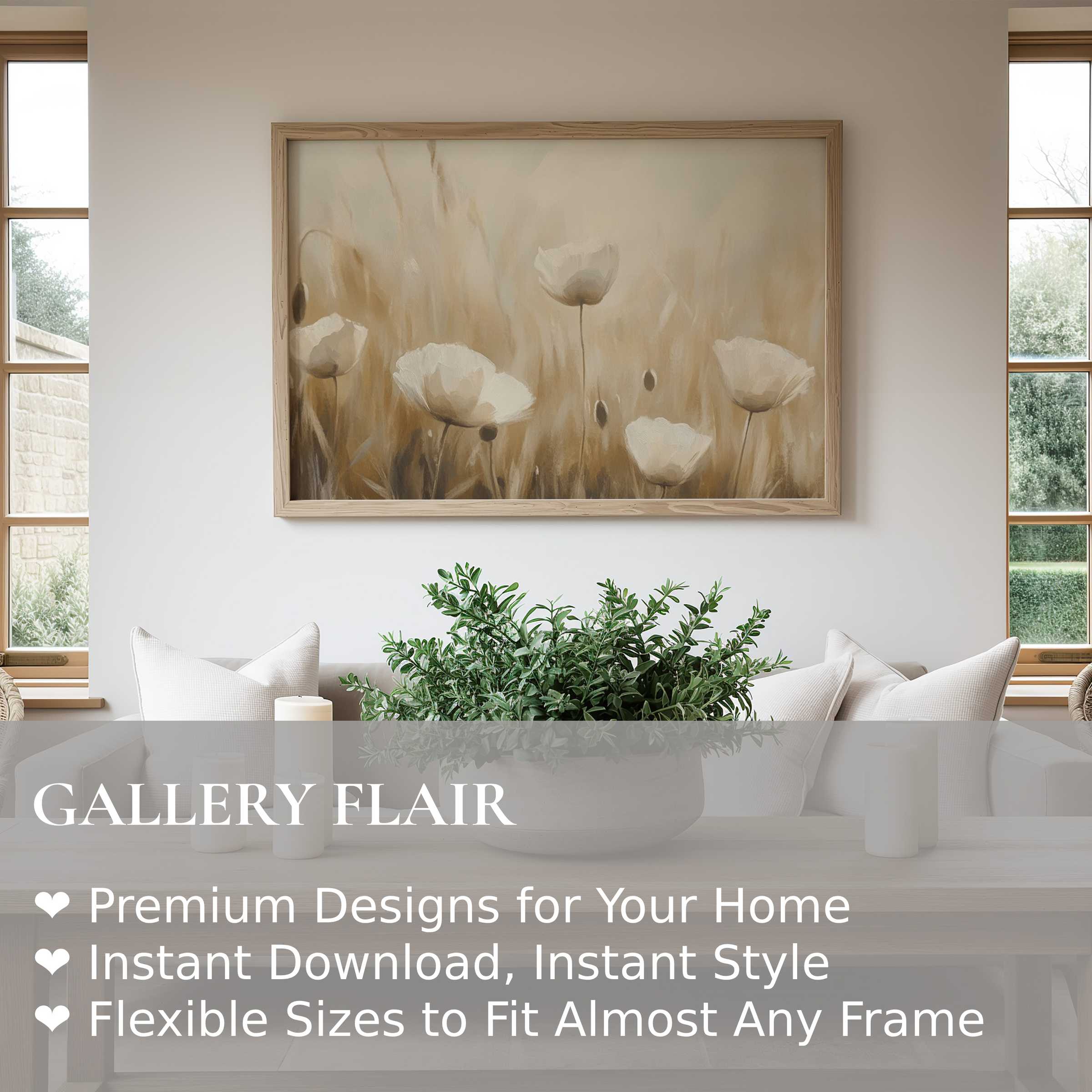 Elegant spring wall art print featuring soft, neutral poppies in a serene modern living space, enhancing calm and refined minimalism