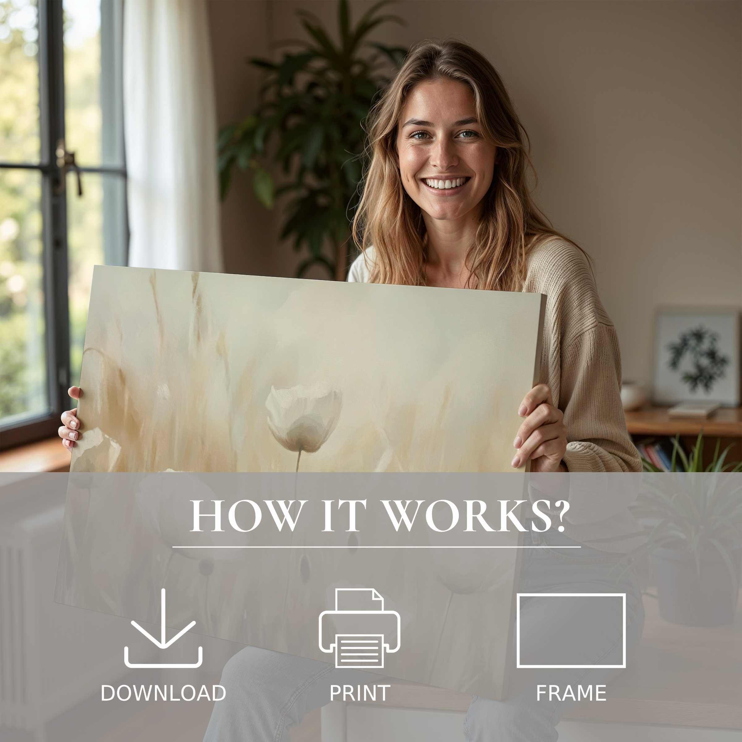 Joy radiates in a sunlit modern home as a woman celebrates the effortless beauty of a spring digital art print