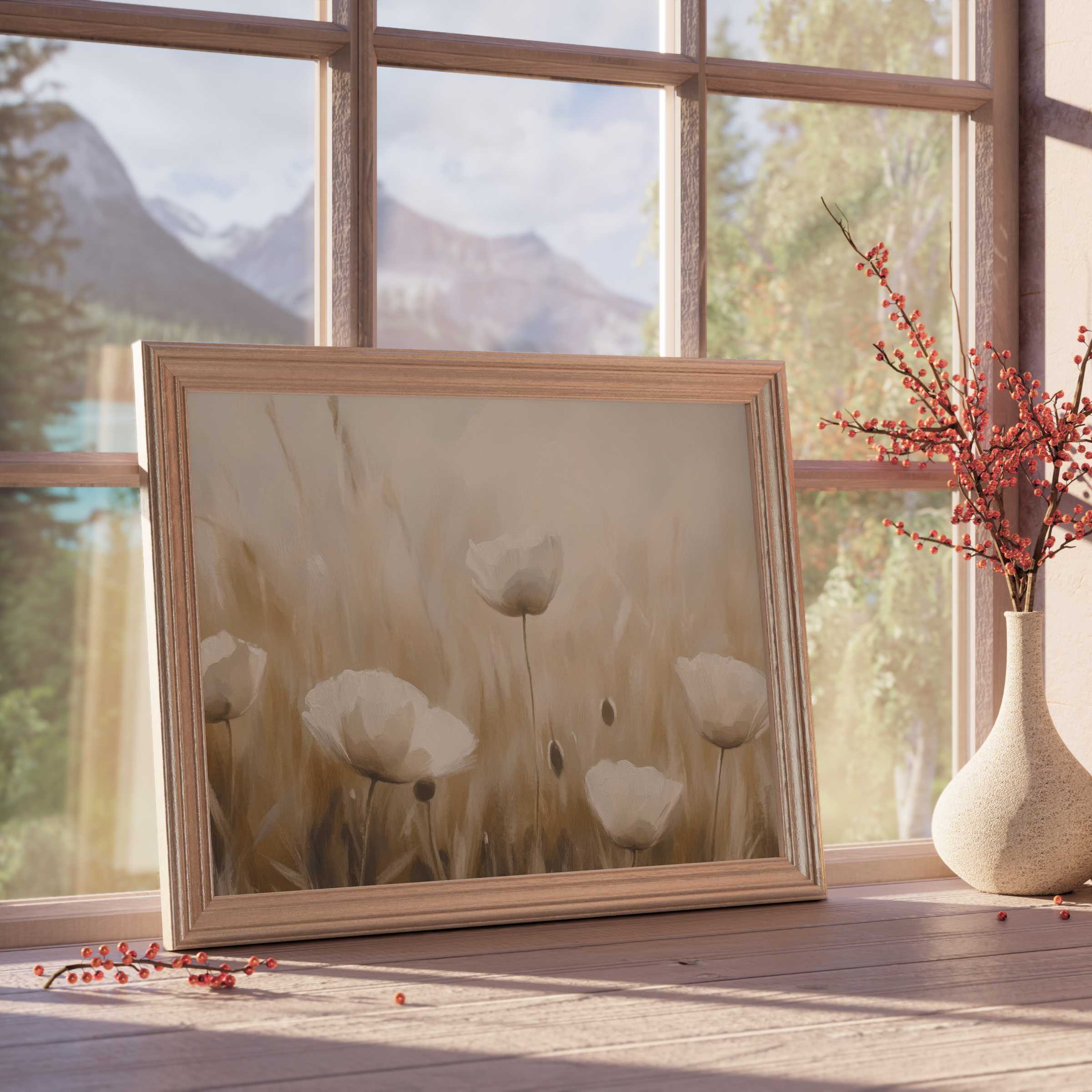 Elegant spring downloadable art featuring soft white poppies in a warm, tranquil palette-perfect for curated, stylish interiors