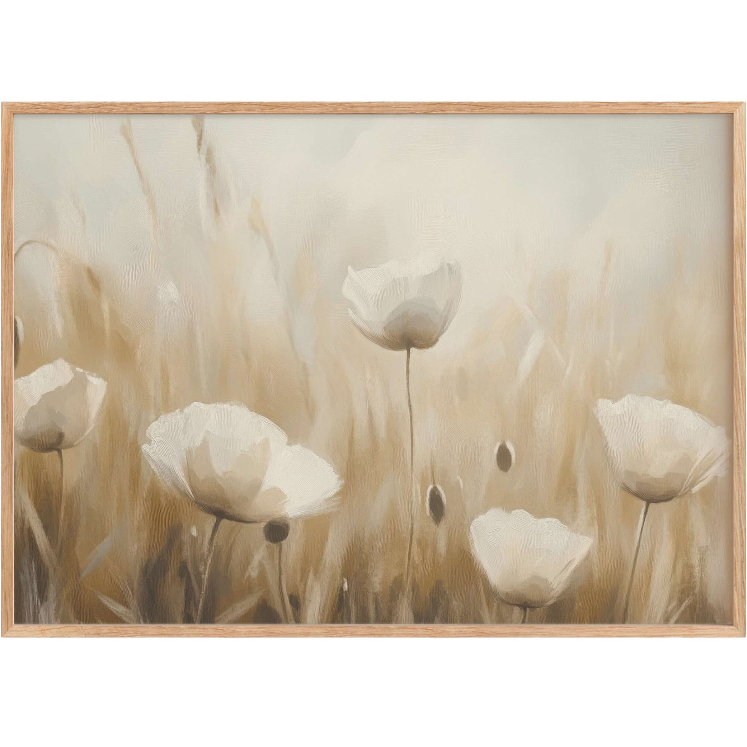 Ethereal spring printable wall art with soft ivory blooms and warm beige tones, evoking serene, timeless elegance