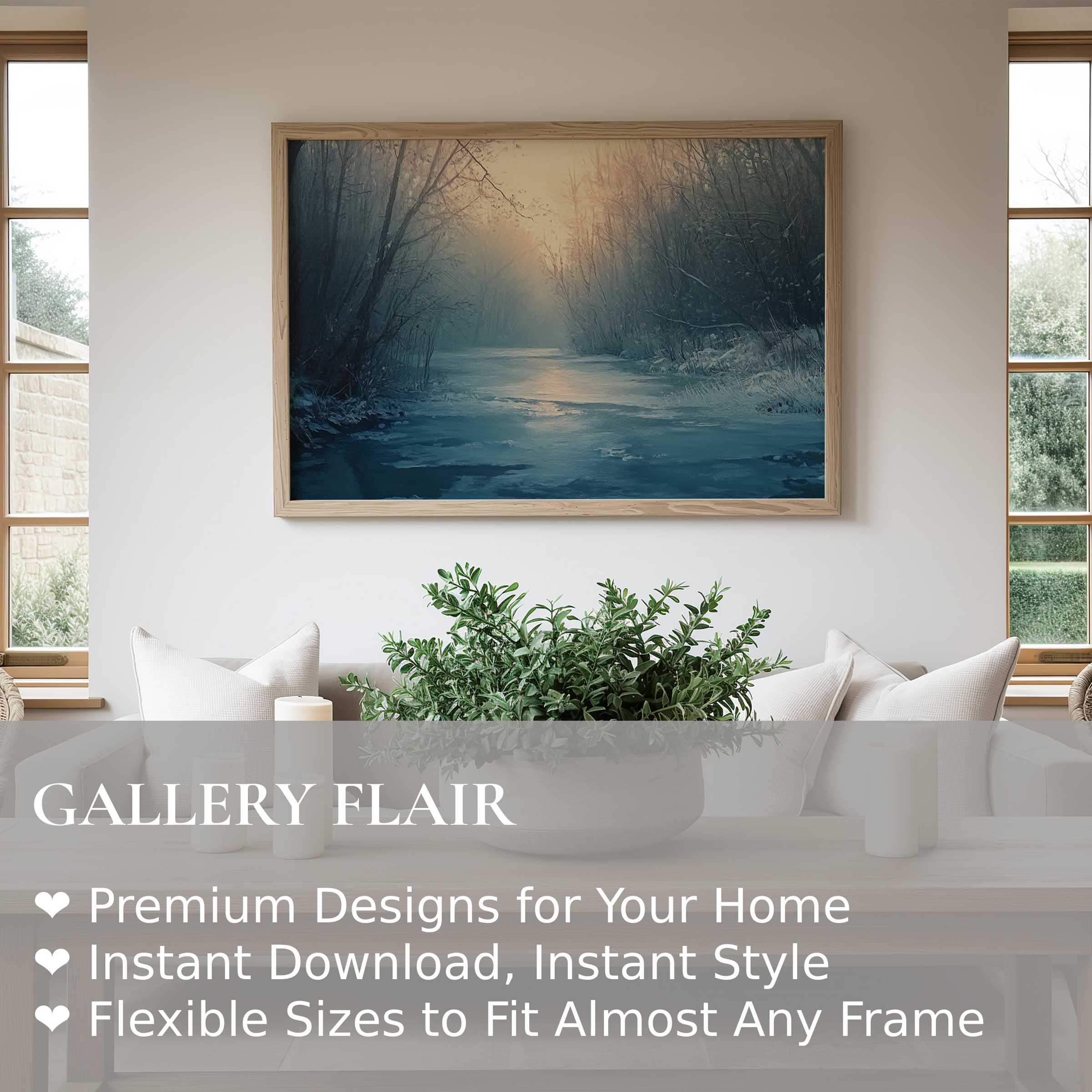 Winter wall art print capturing a serene, frosted river at dawn; enhances calm, modern Scandinavian interiors with natural warmth