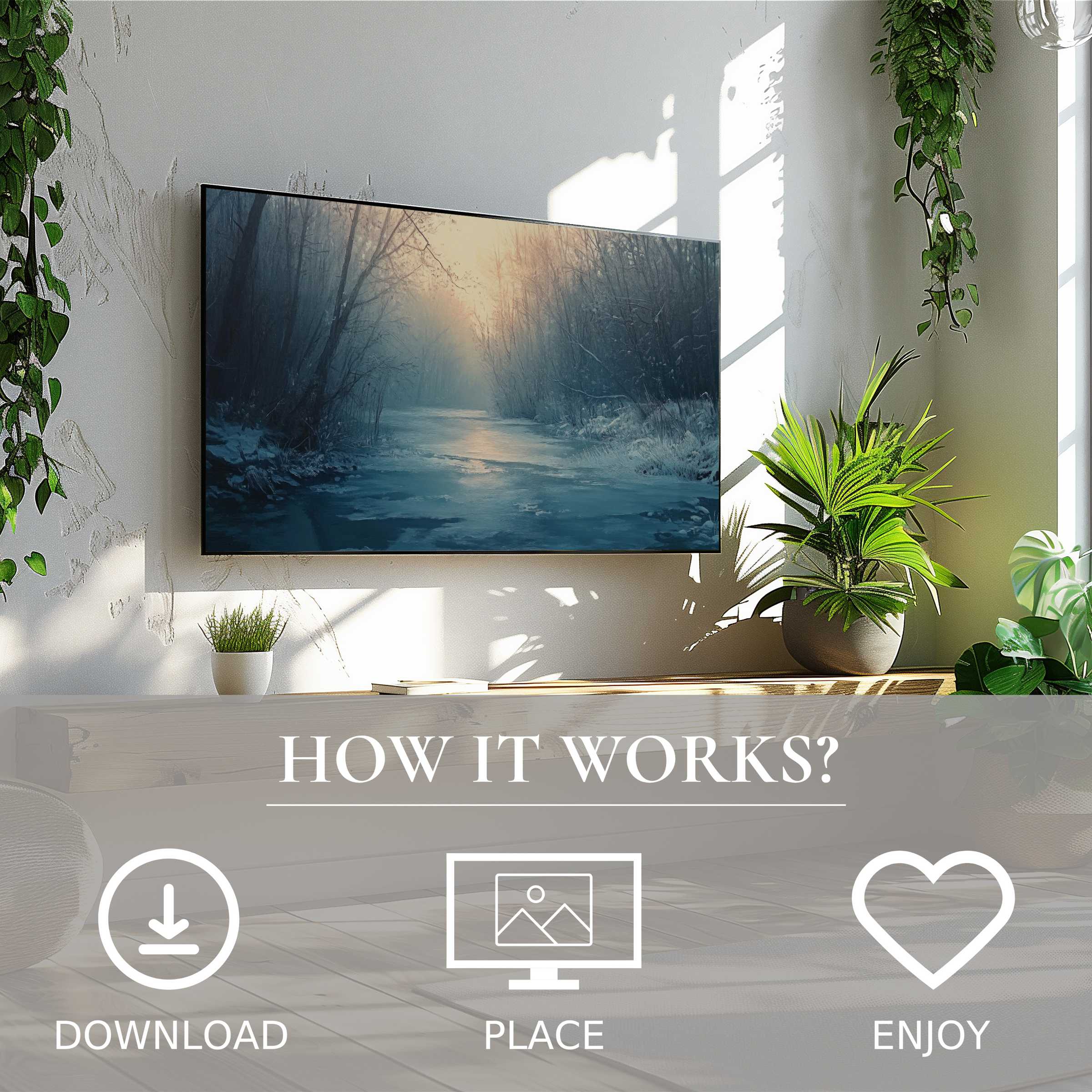 Winter art for Samsung TV shows soft sunset tones on a frozen river, easy digital download enriches any modern living space