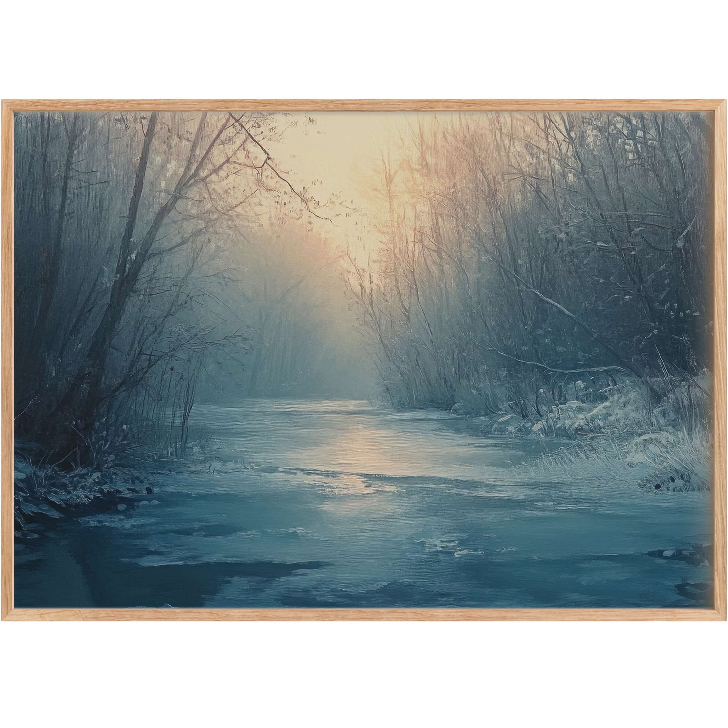 Winter printable wall art capturing a serene twilight river scene, where soft blues and muted golds evoke tranquil, contemplative calm