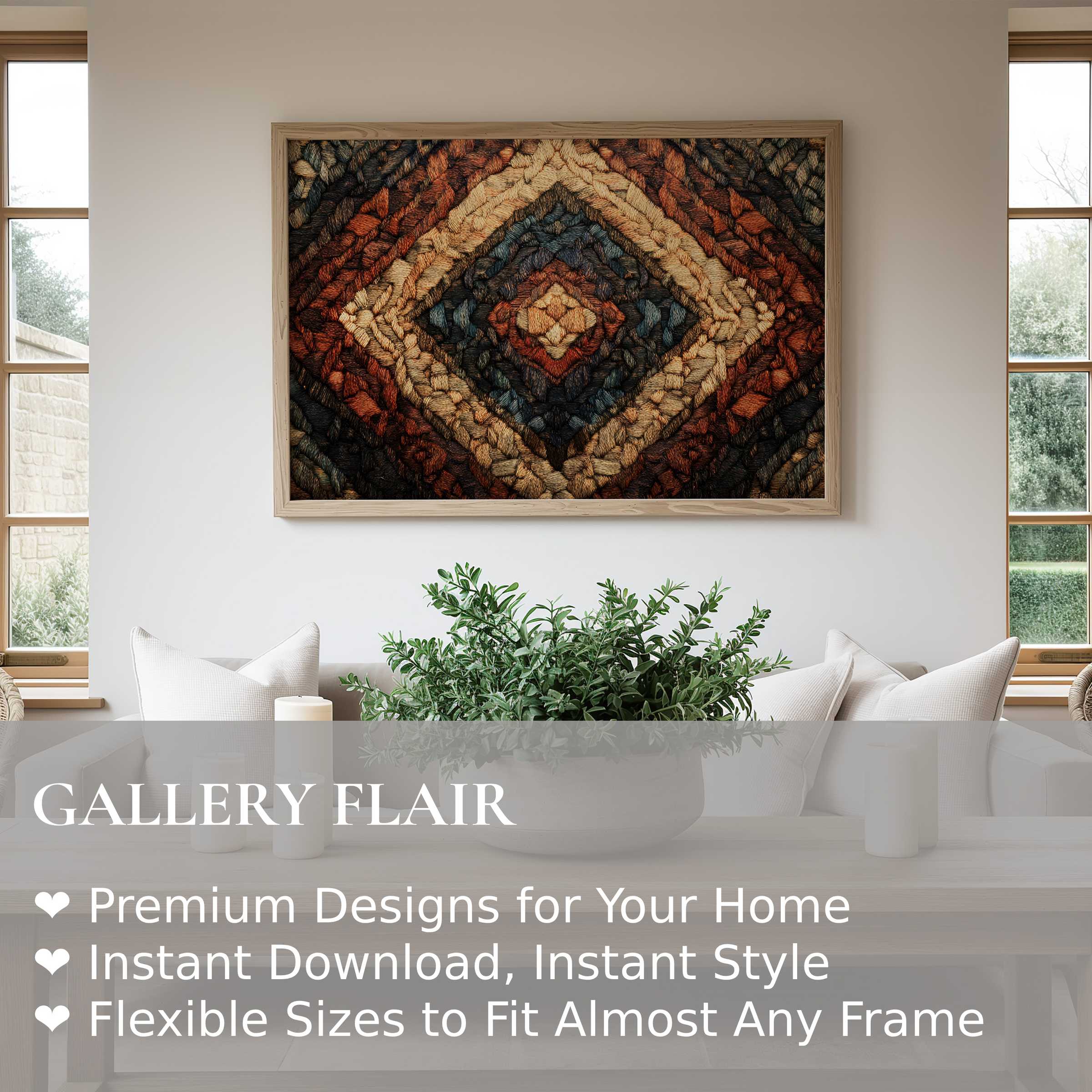 Boho wall art print with rich earthy textures and warm geometric patterns elevates this serene modern living room