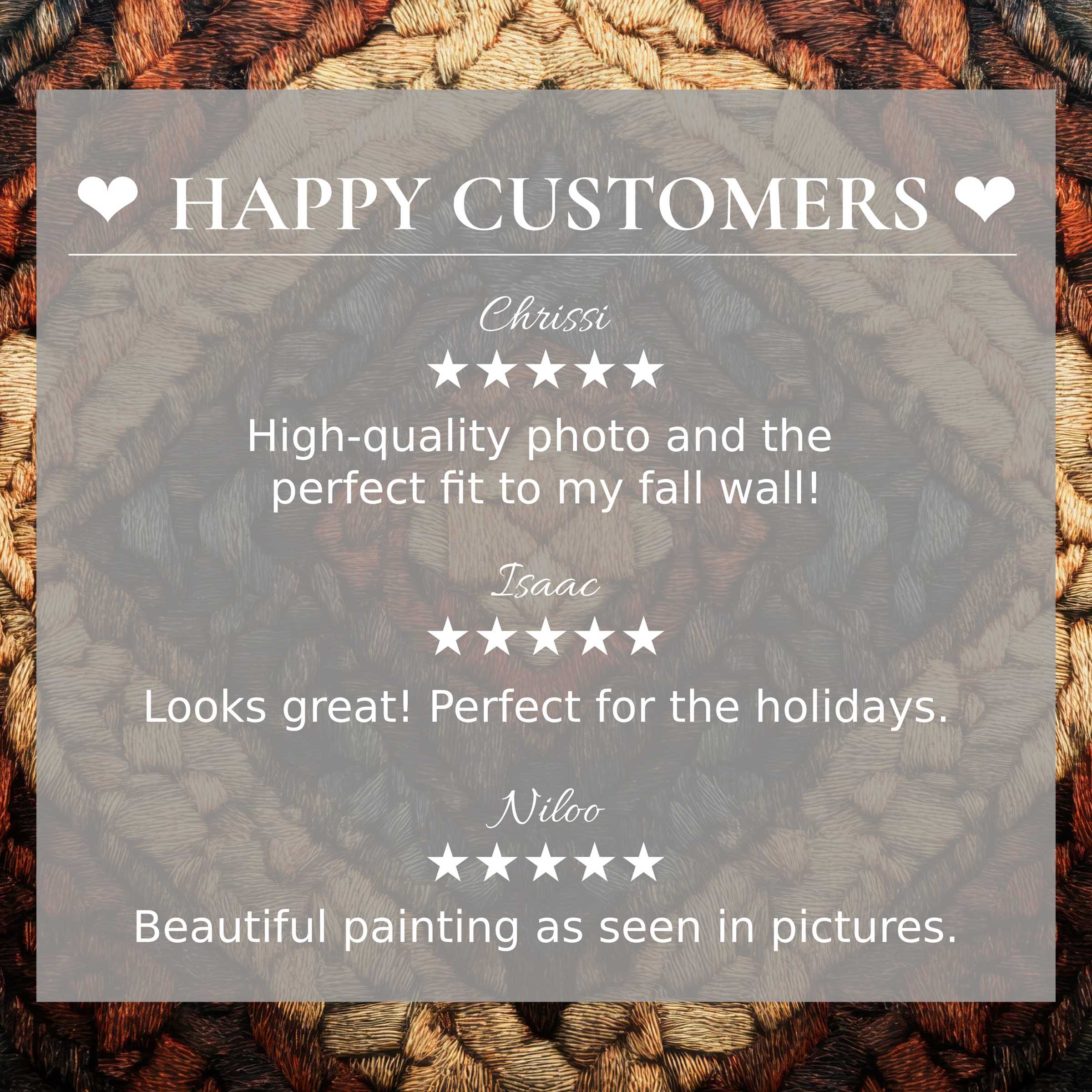 Boho art for Frame TV with warm woven background, showcasing happy customer reviews and elegant, trusted design