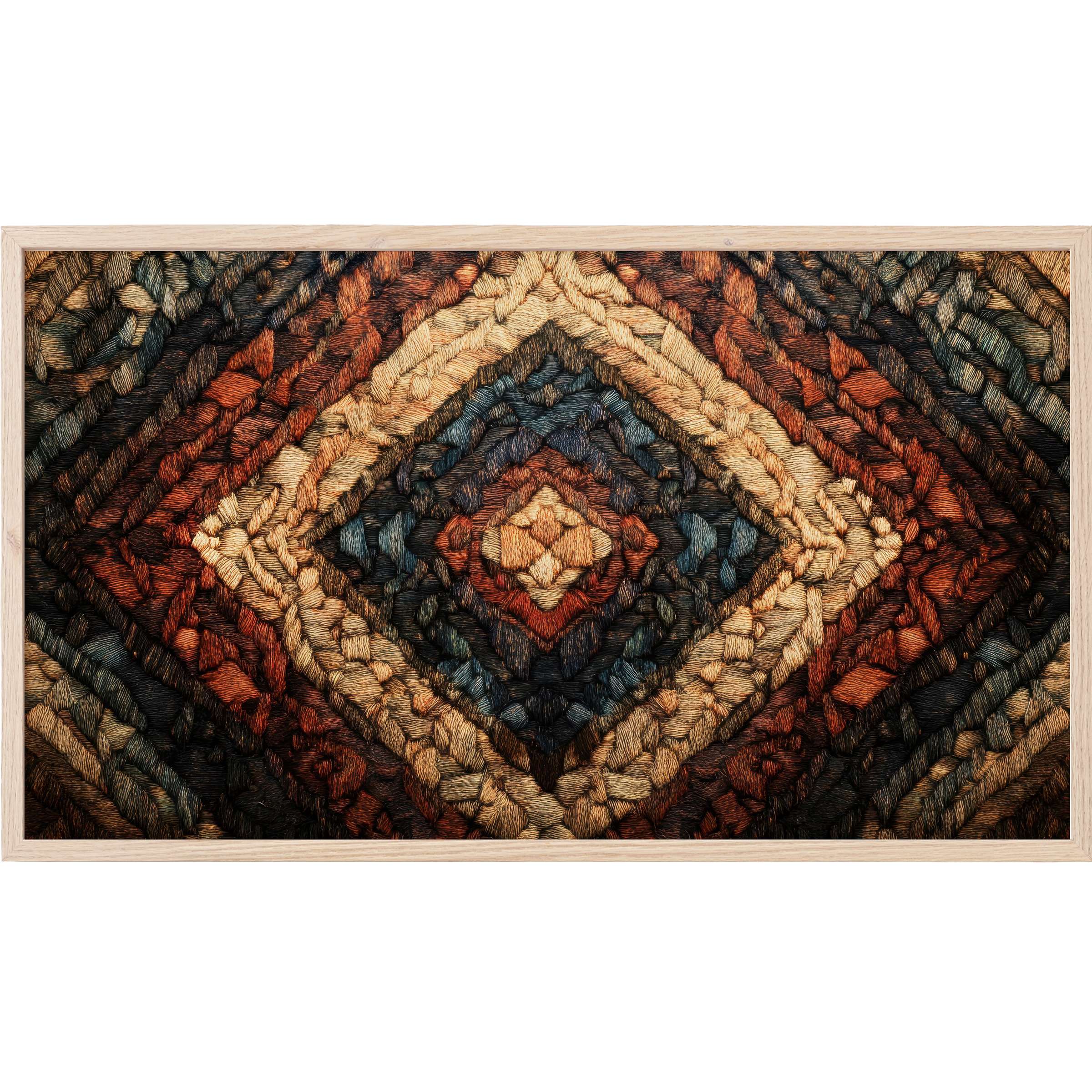 Boho Frame TV Art with rich earthy tones and textured geometric weave in warm rust, beige, and deep blue hues