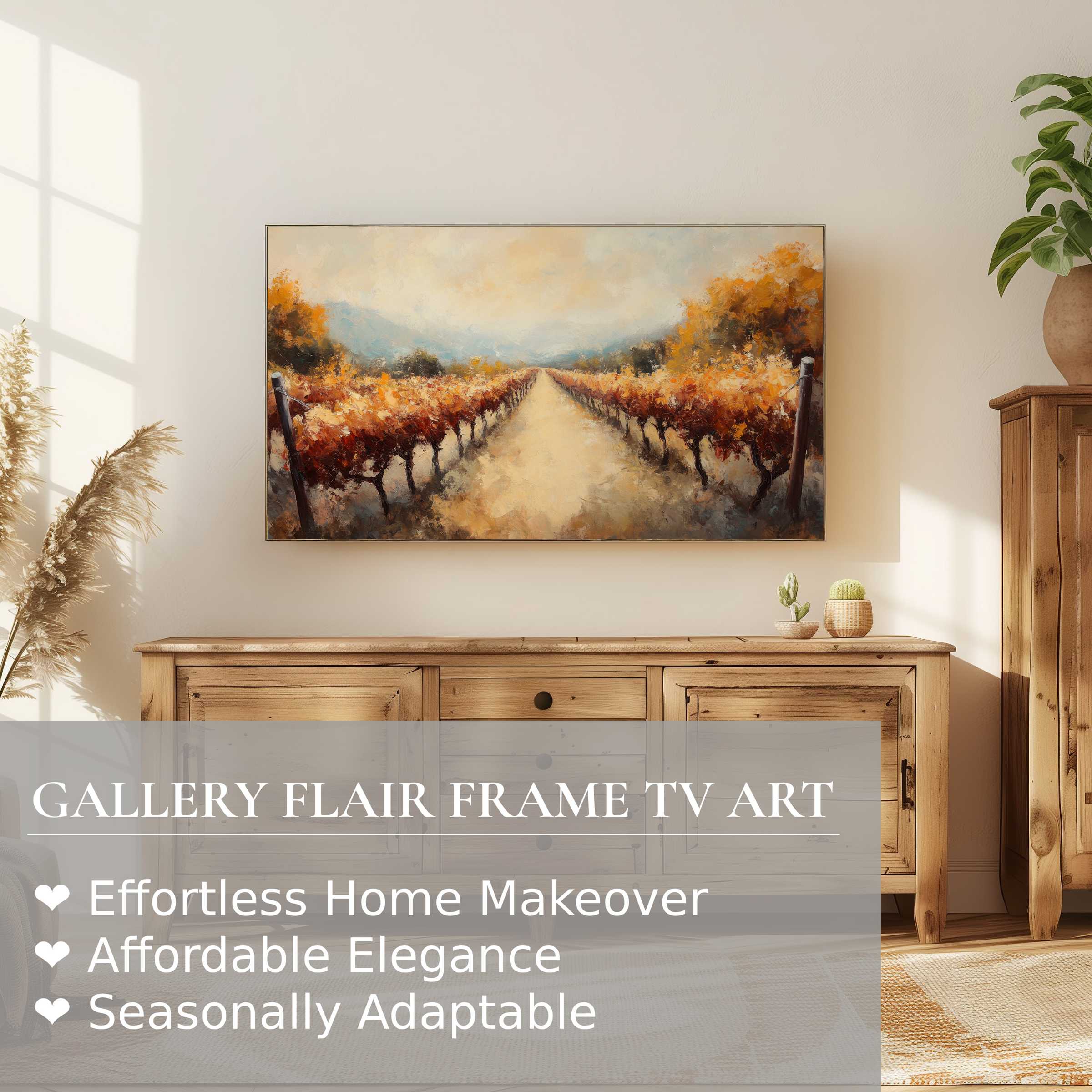 Samsung Frame TV displays refined fall digital artwork, enhancing warm, elegant living spaces with seasonal charm