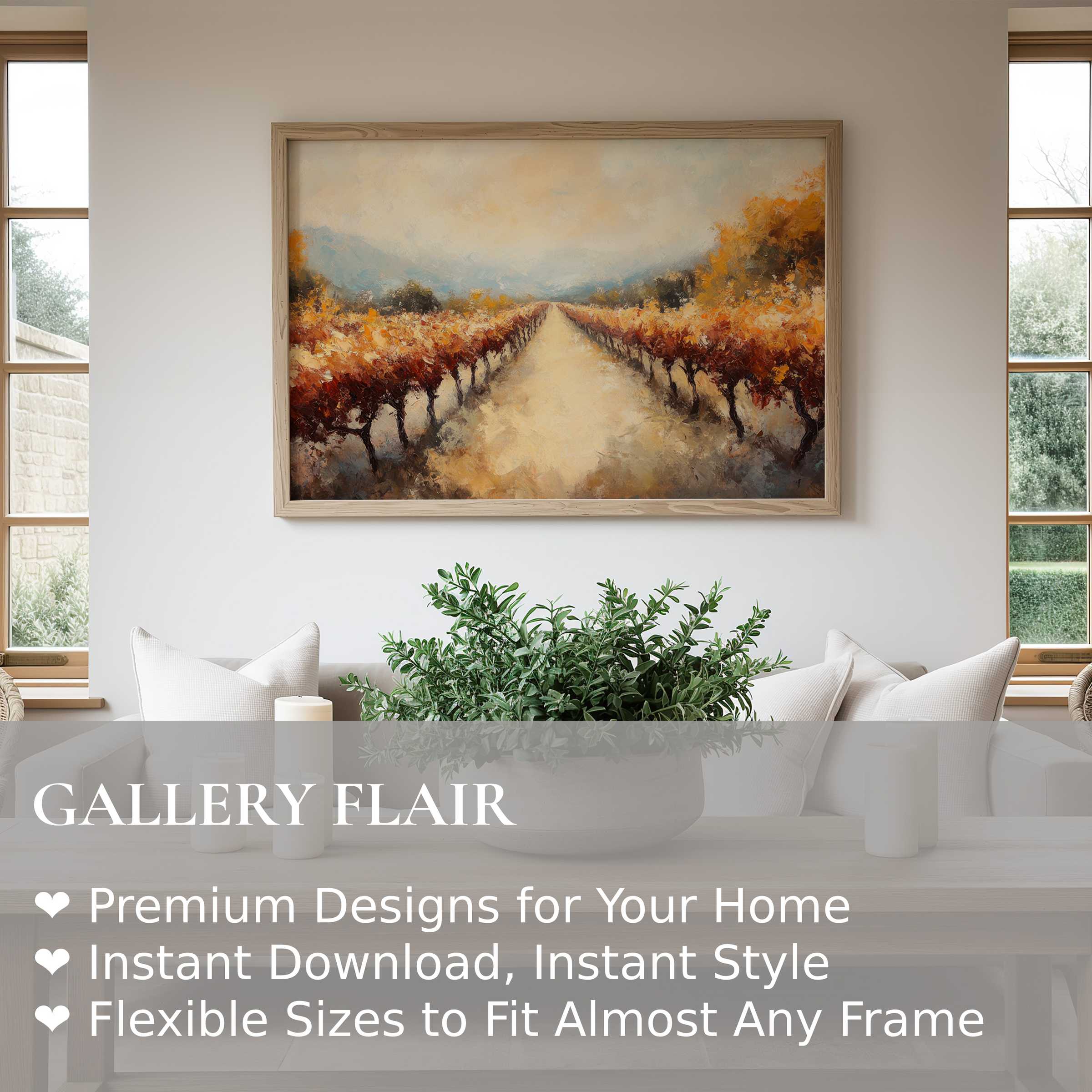 Fall wall art print featuring a radiant vineyard landscape in warm amber and rust tones, enhancing a modern minimalist space with serene autumnal elegance