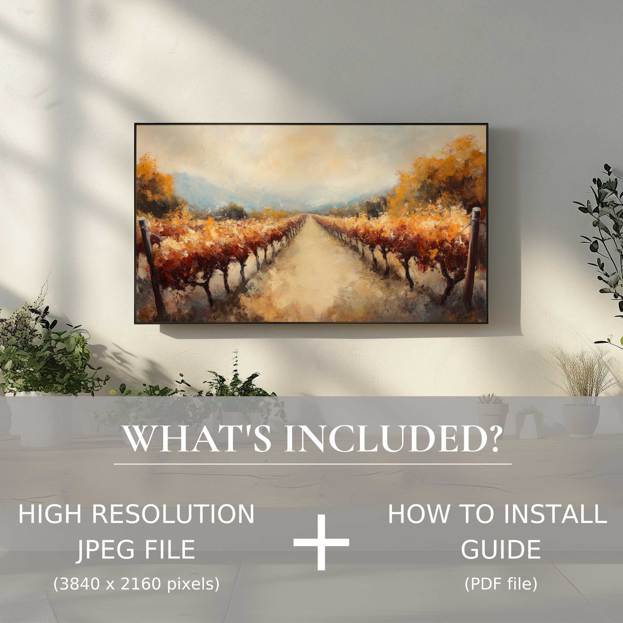 Elegant living room with fall digital TV art download, easy to use, enhancing warmth and modern style