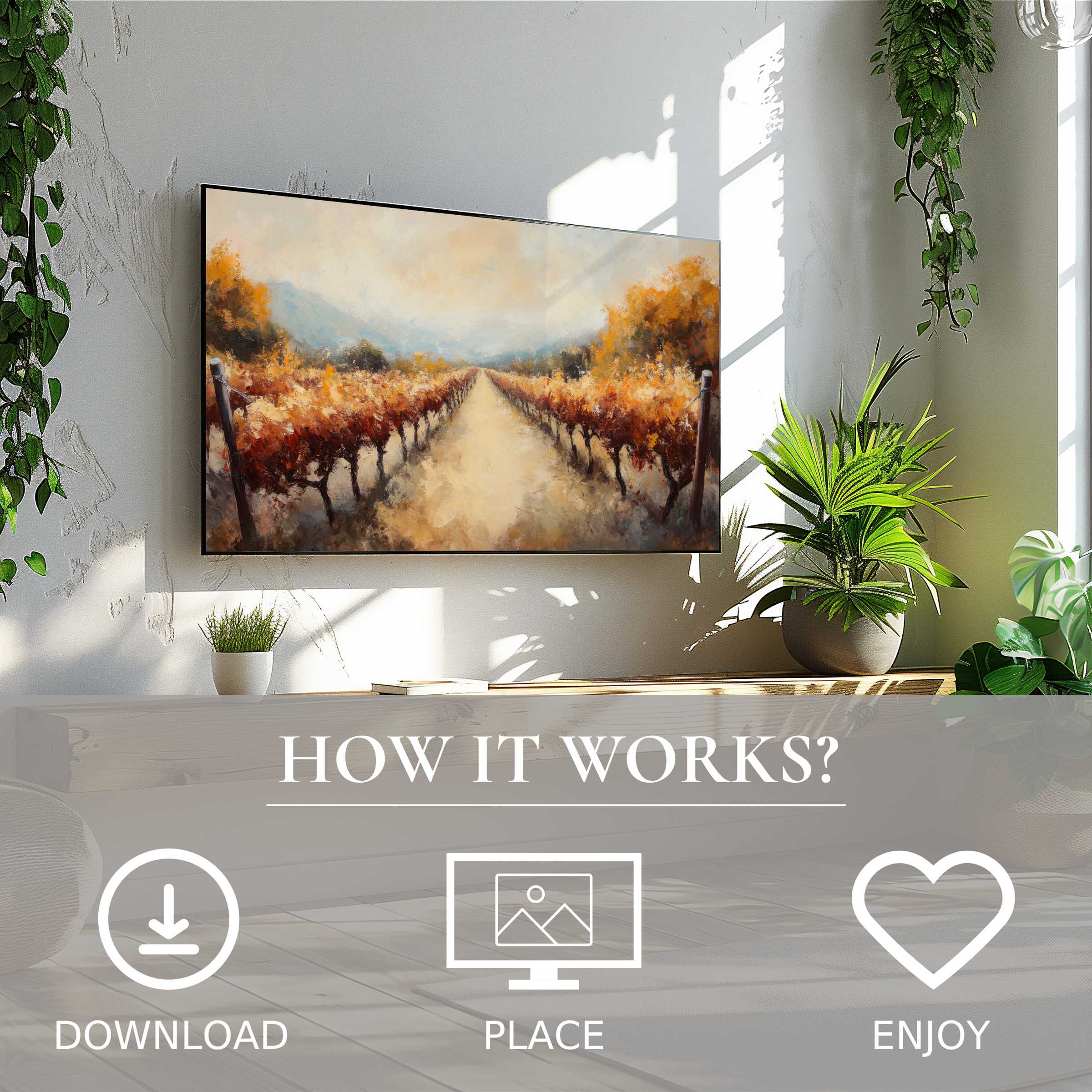 Fall art for Samsung TV shows warm vineyard tones on a sleek screen, easy to download, enhancing cozy modern living spaces