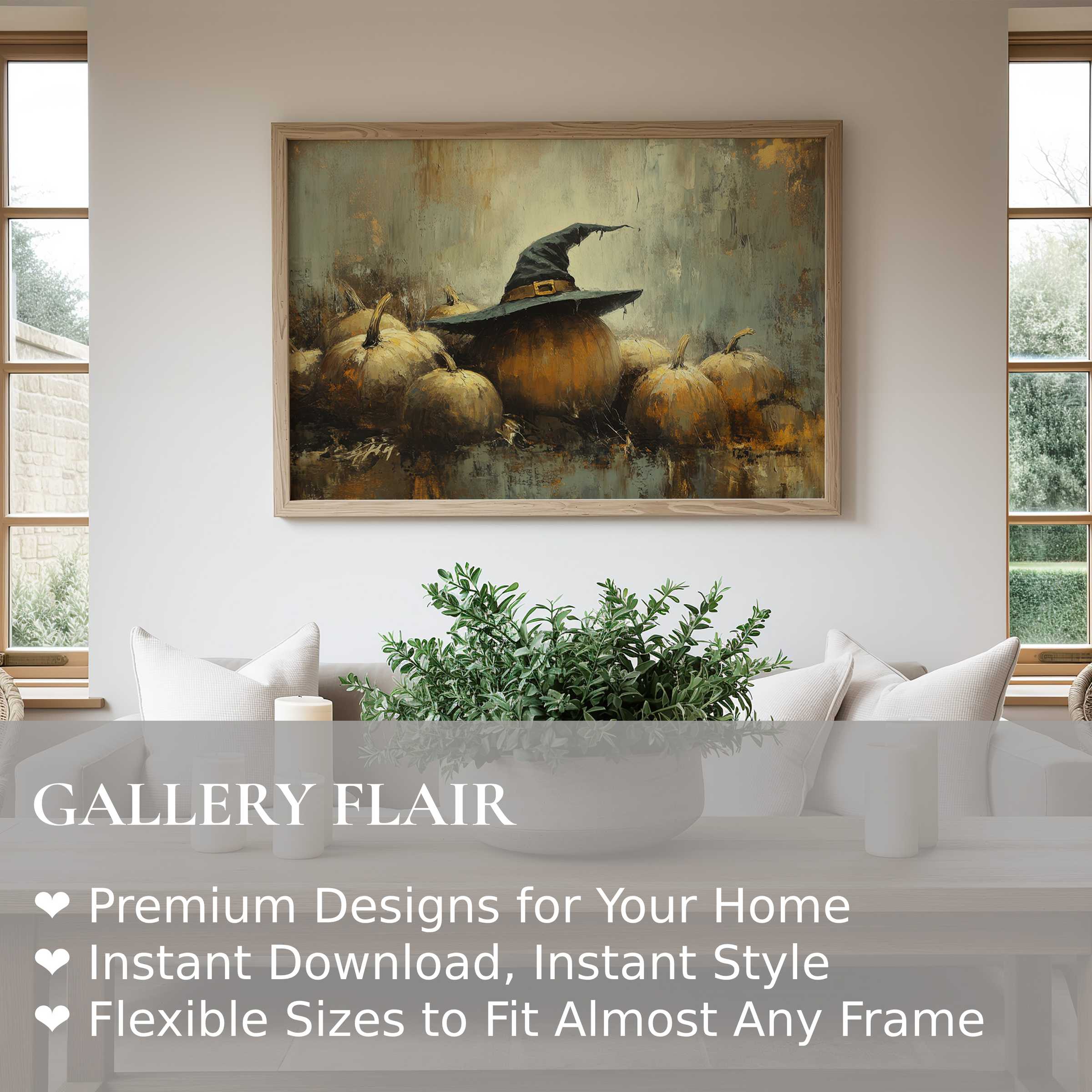 Halloween wall art print featuring a moody, textured pumpkin scene with a witch’s hat, adding bold, rustic charm to modern farmhouse interiors