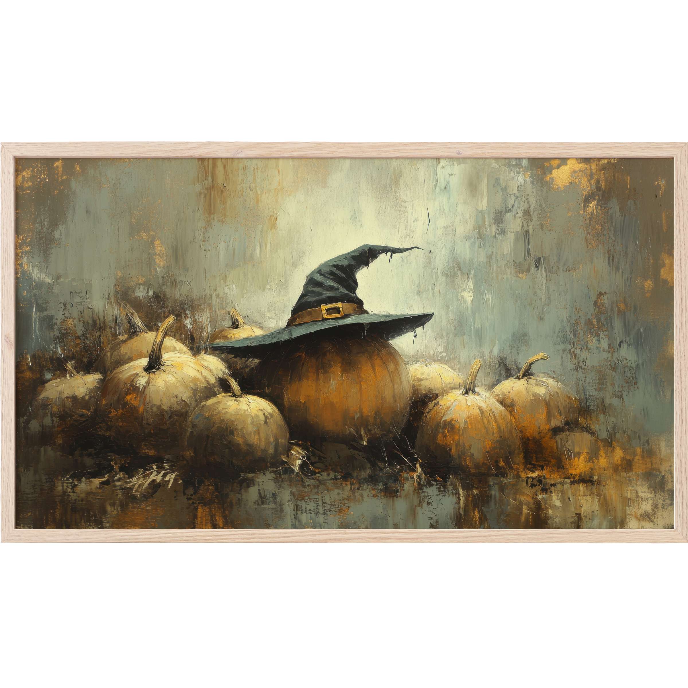 Elegant autumn pumpkin composition with a witch hat in muted earth tones, halloween Frame TV Art