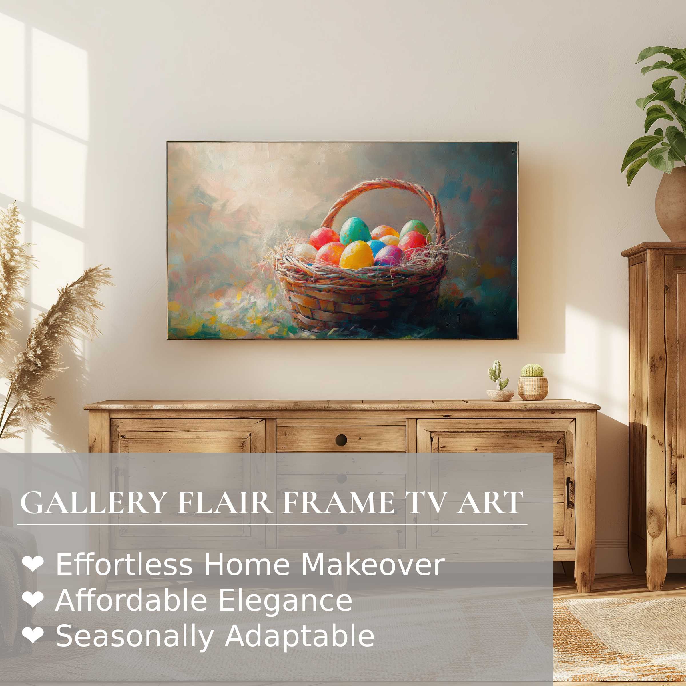 Samsung Frame TV displays elegant easter digital artwork of a colorful egg basket in a warm, modern setting