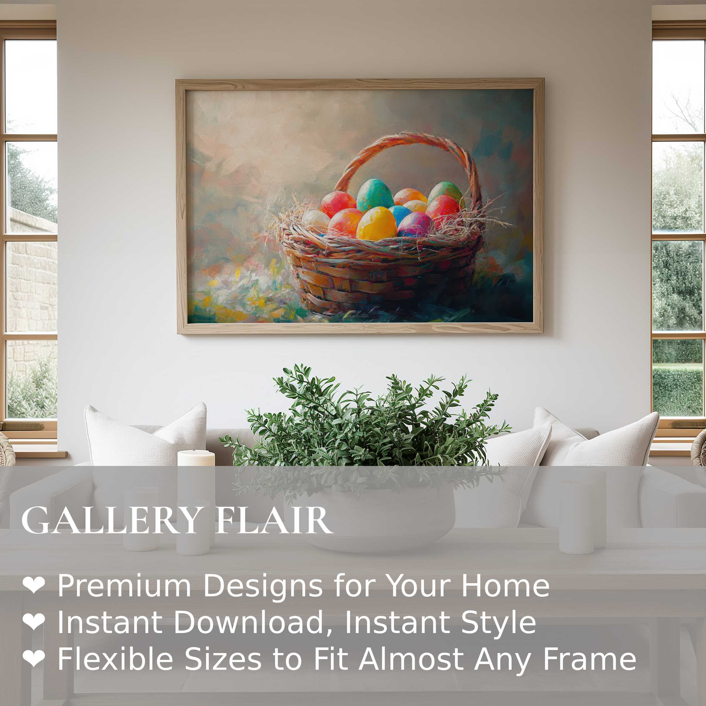 Easter wall art print featuring a vibrant basket of colorful eggs, radiating warmth and charm in a serene modern living space