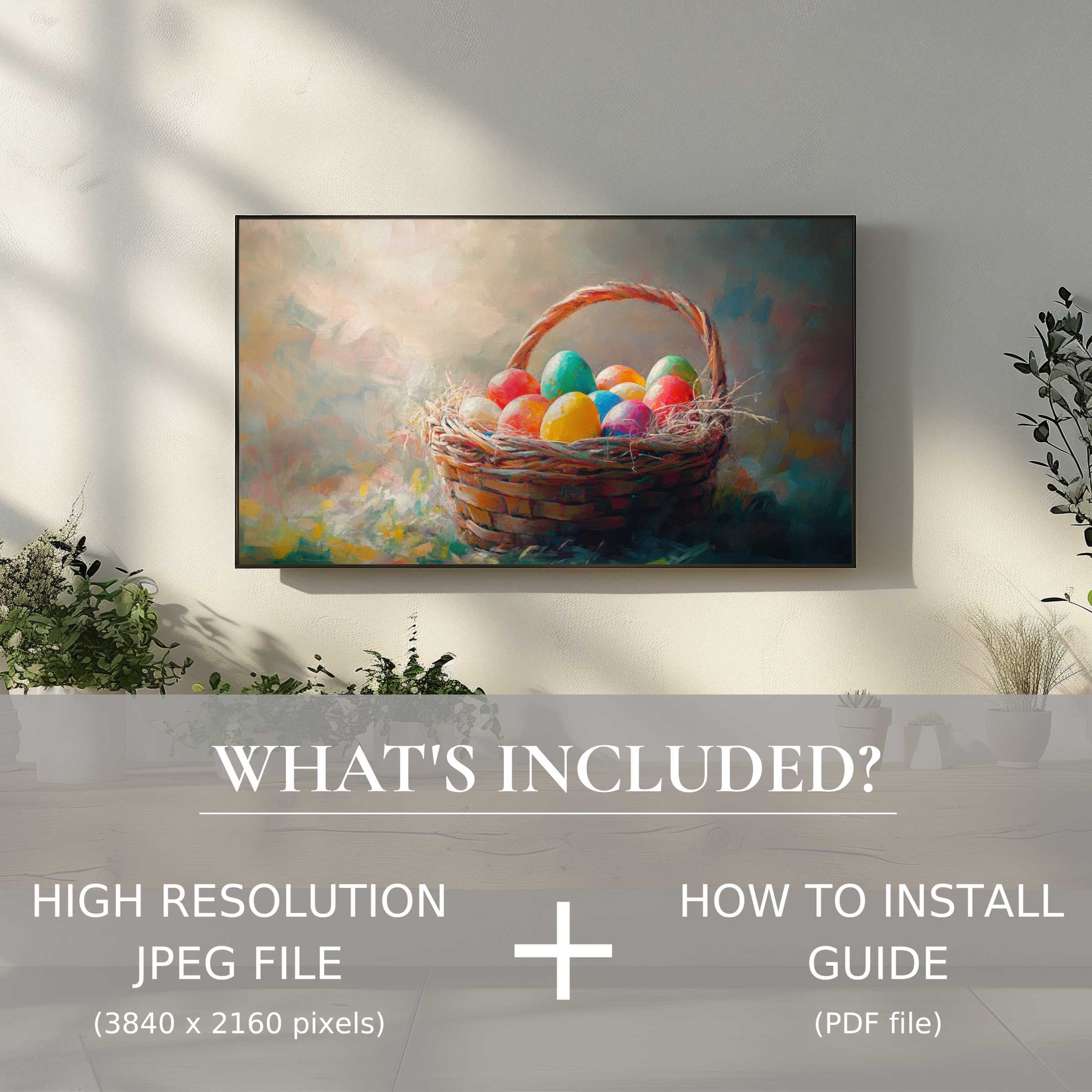 Elegant easter digital TV art download showing vibrant eggs in a basket, enhancing modern living spaces with easy digital use