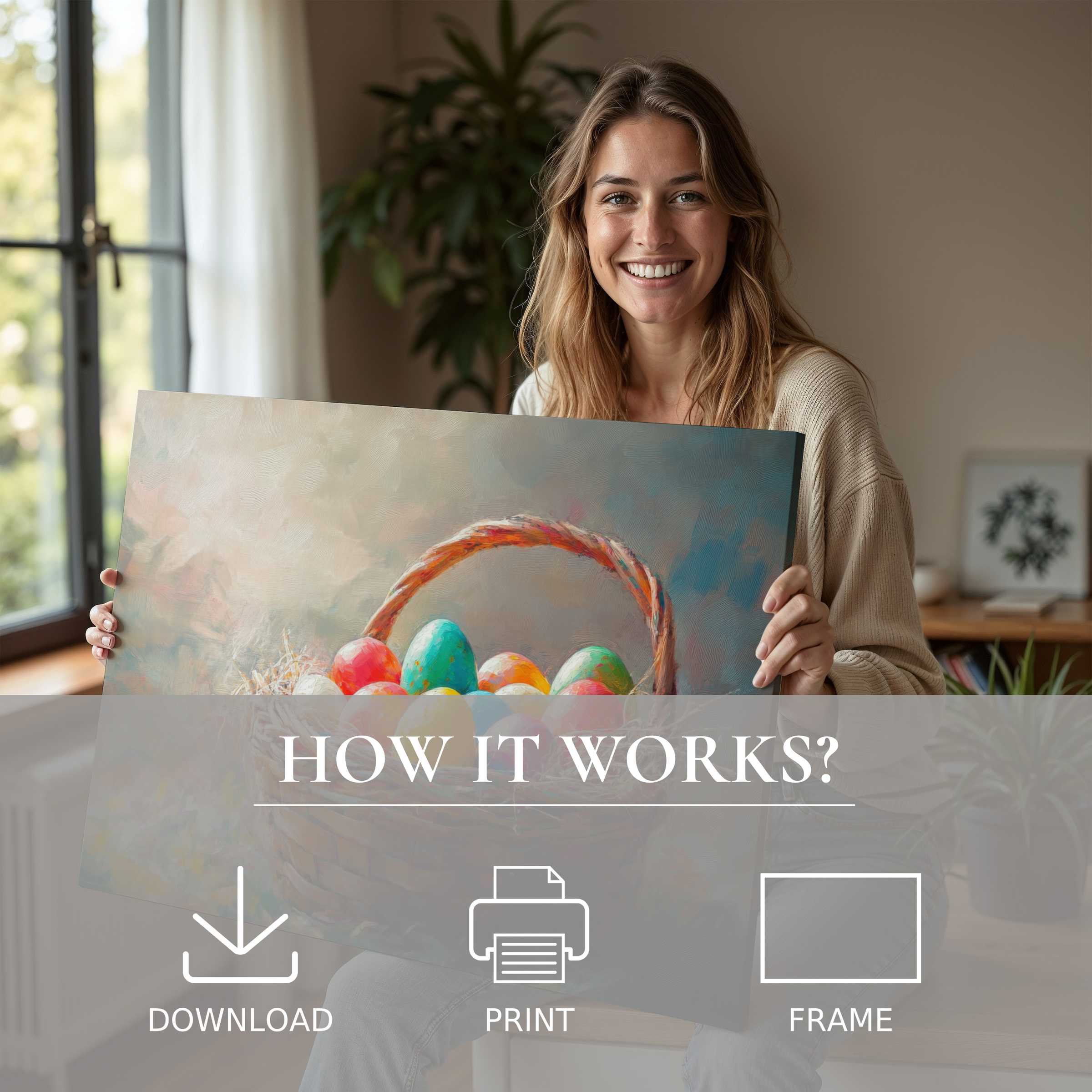 A radiant moment of connection as a woman reveals an easter digital art print, inviting serene joy and effortless elegance into a modern home