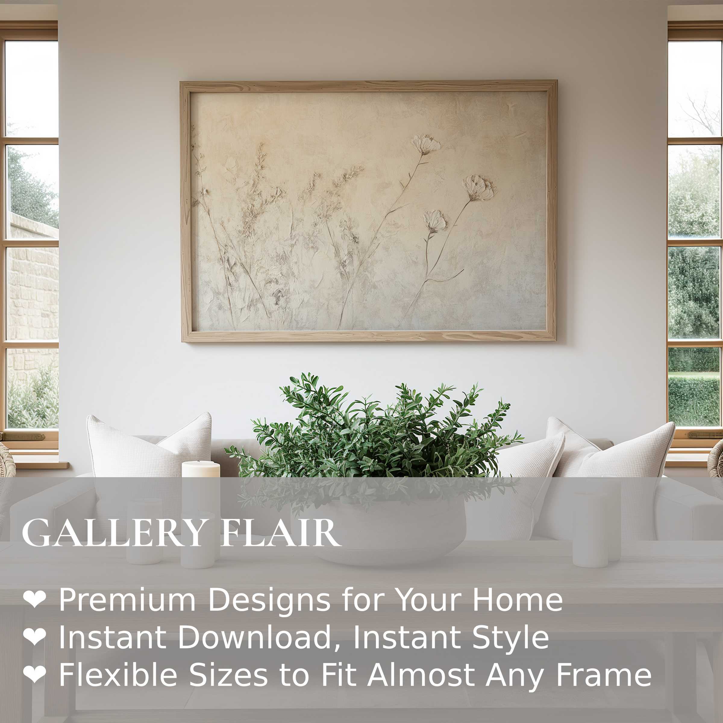 Botanical wall art print with soft, neutral florals in textured taupe tones, enhancing serene modern farmhouse interiors