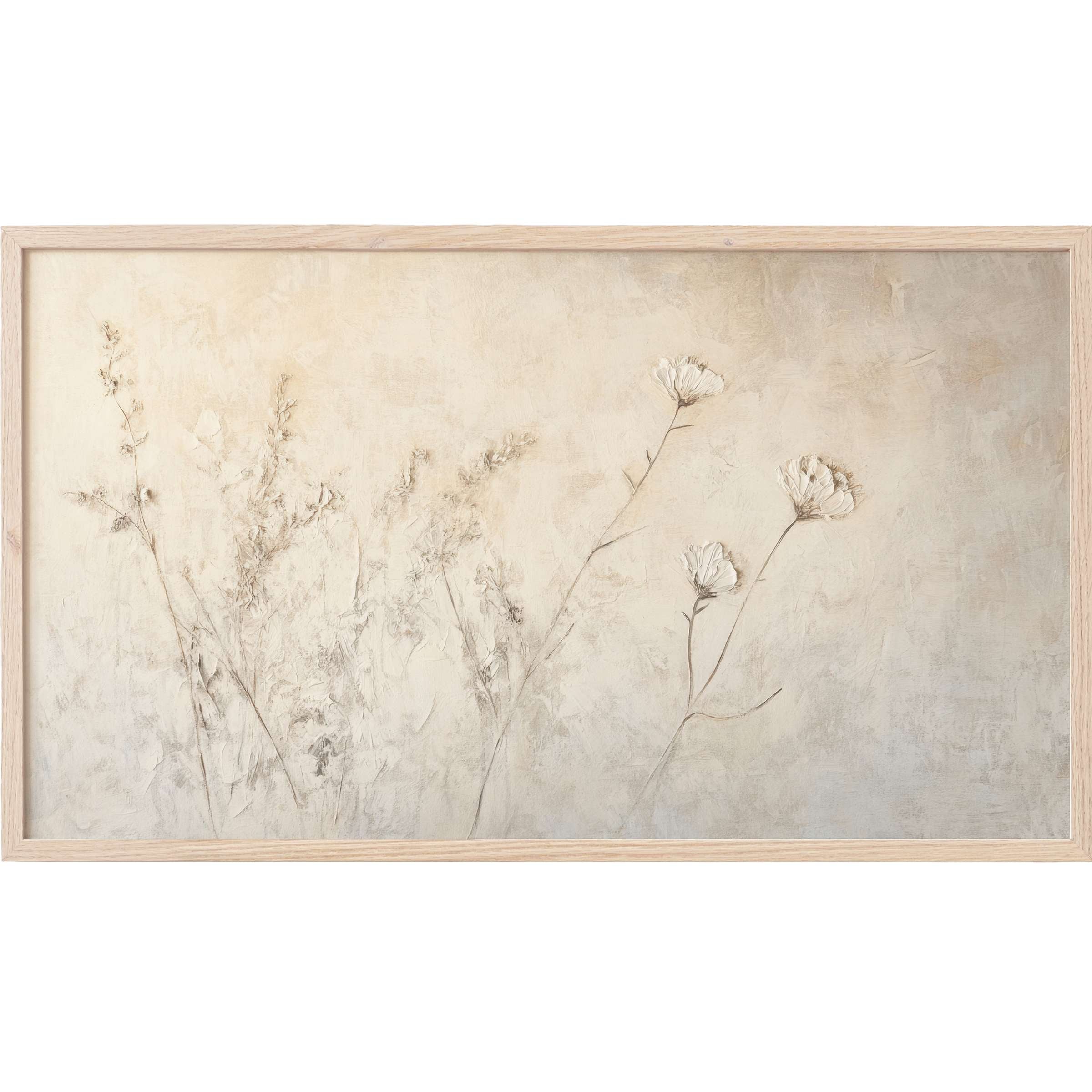 Elegant botanical Frame TV Art in soft beige tones with subtle textured wildflowers, perfect for modern minimalist decor