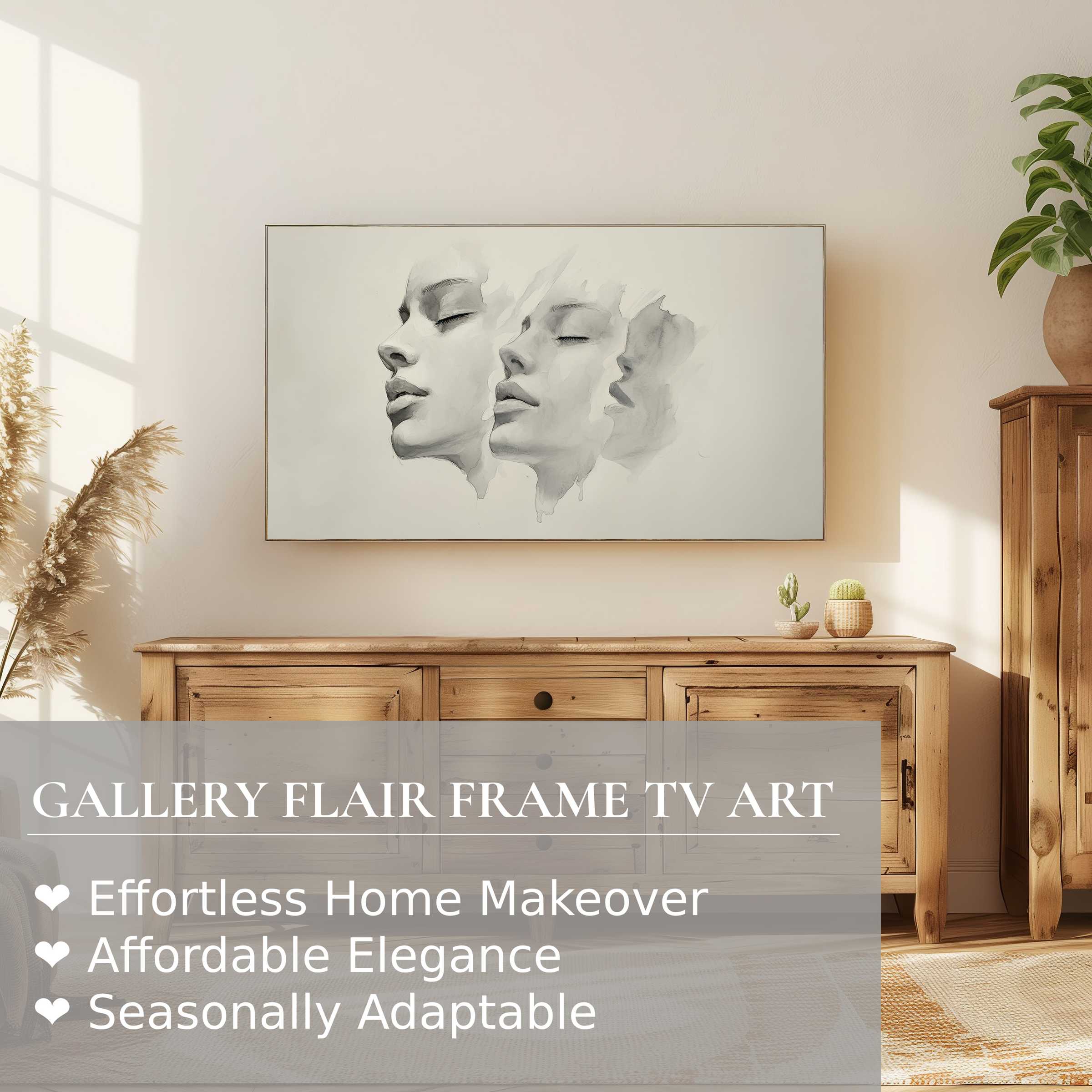 Samsung Frame TV showcases black and white digital artwork of serene faces in a minimalist, sunlit living space