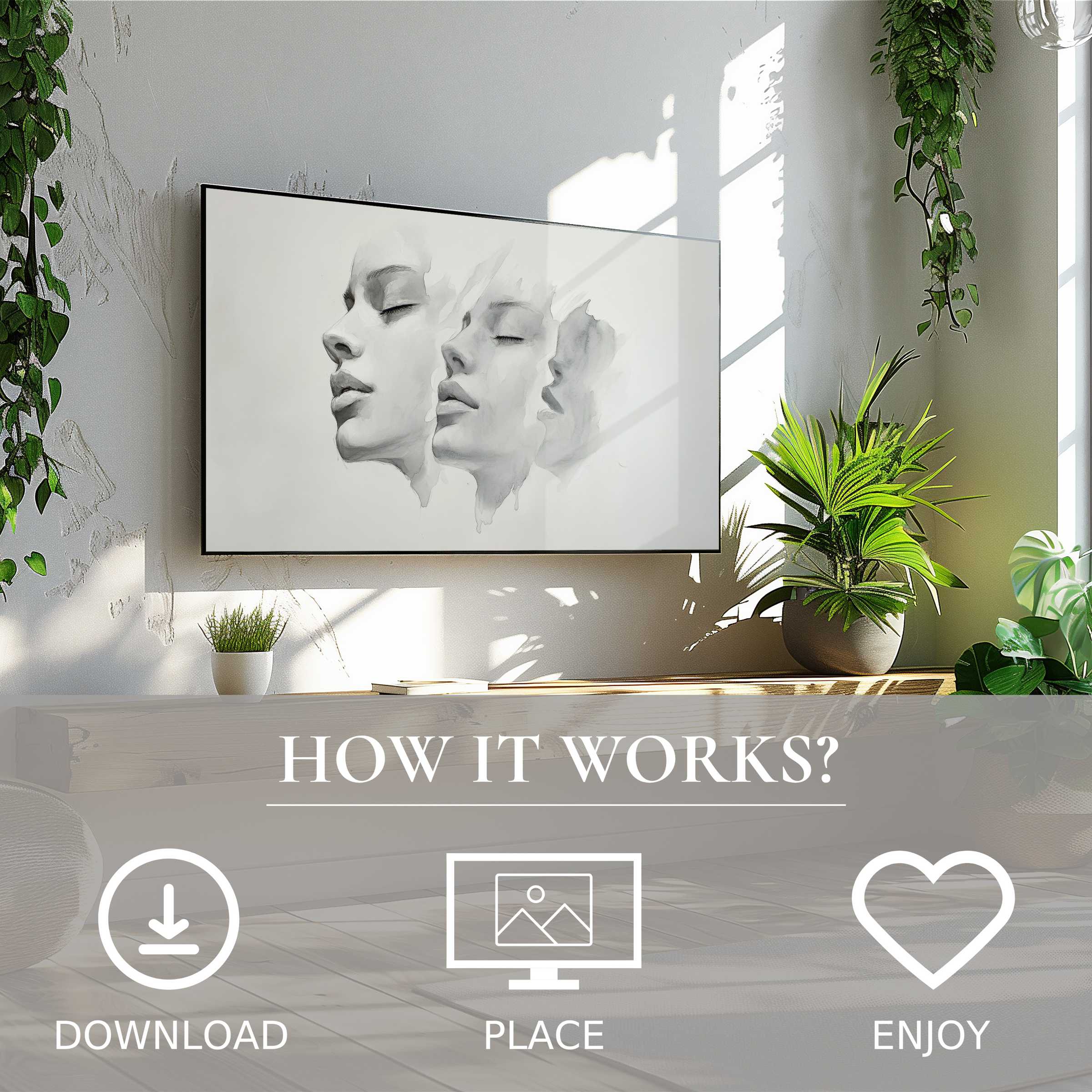Black and white art for Samsung TV showing soft fading faces, easy digital download enriches modern living spaces