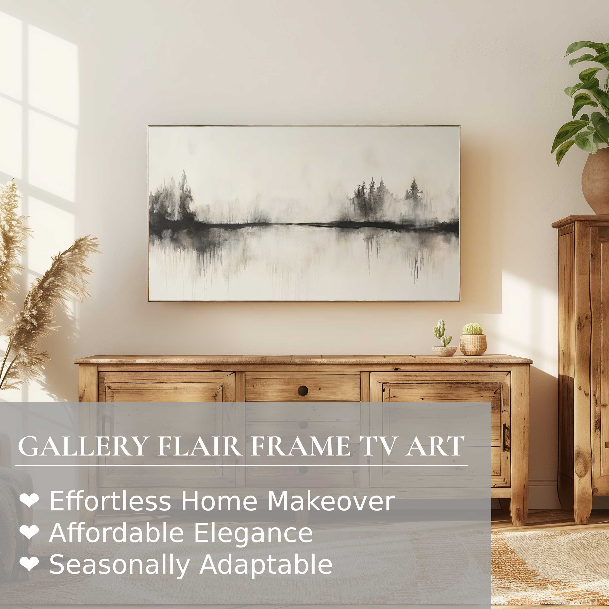 Samsung Frame TV showcasing neutral digital artwork in a modern, sunlit living space with natural wood accents