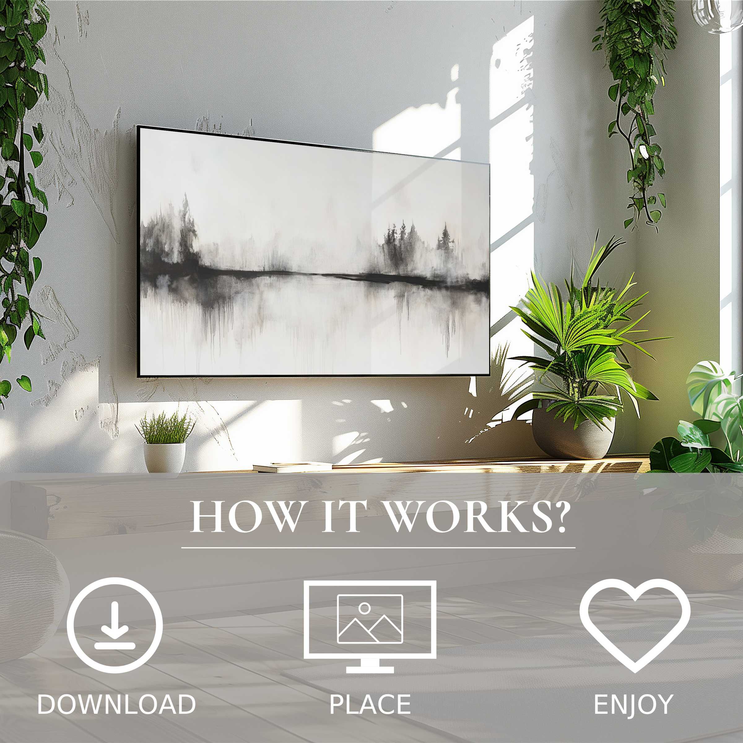 Neutral art for Samsung TV showing misty forest tones, easy digital download to enrich bright, modern living spaces