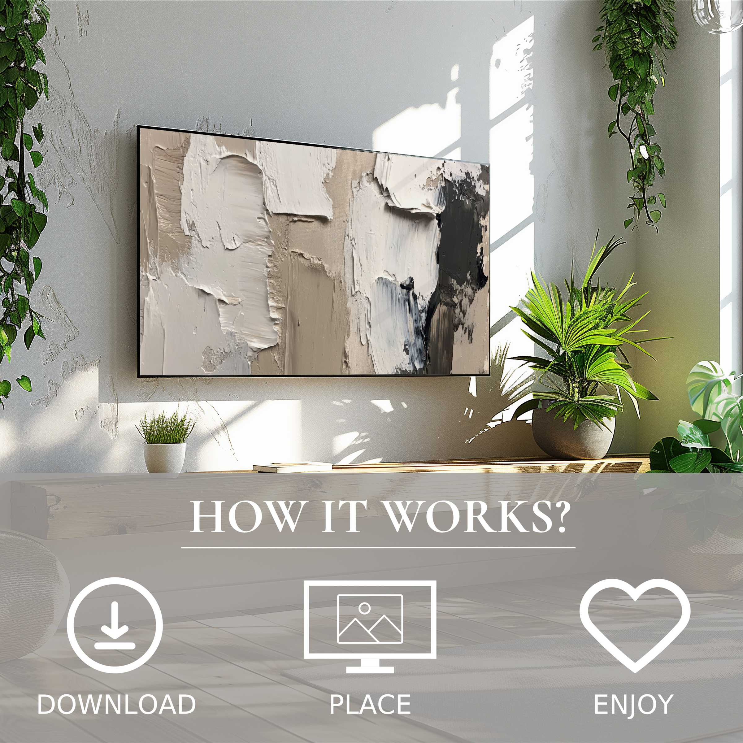 Modern art for Samsung TV showing textured neutral tones, easy digital download to elevate stylish, green-accented living spaces
