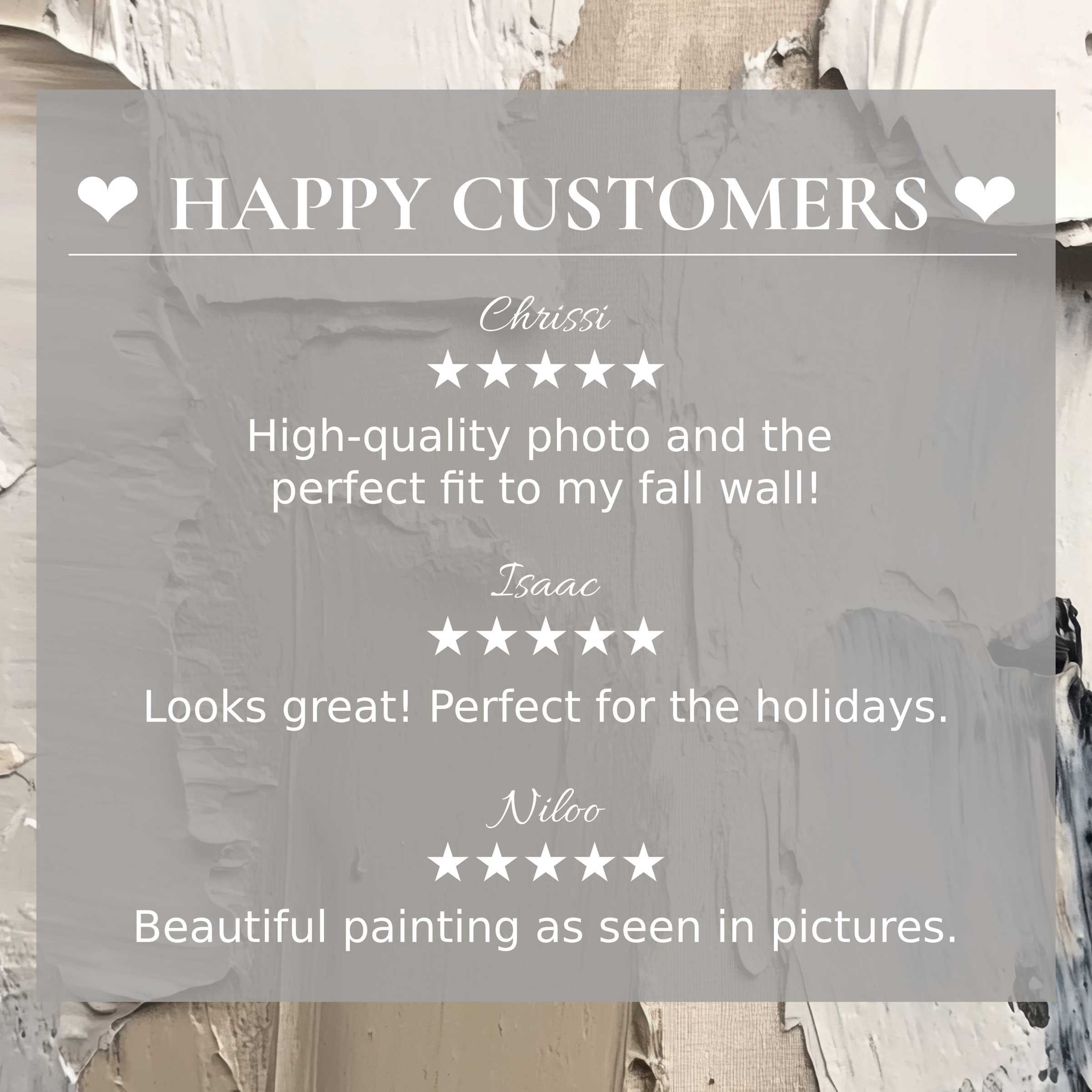 Modern art for Frame TV with abstract neutral tones, showcasing happy customer reviews and elegant, trustworthy design