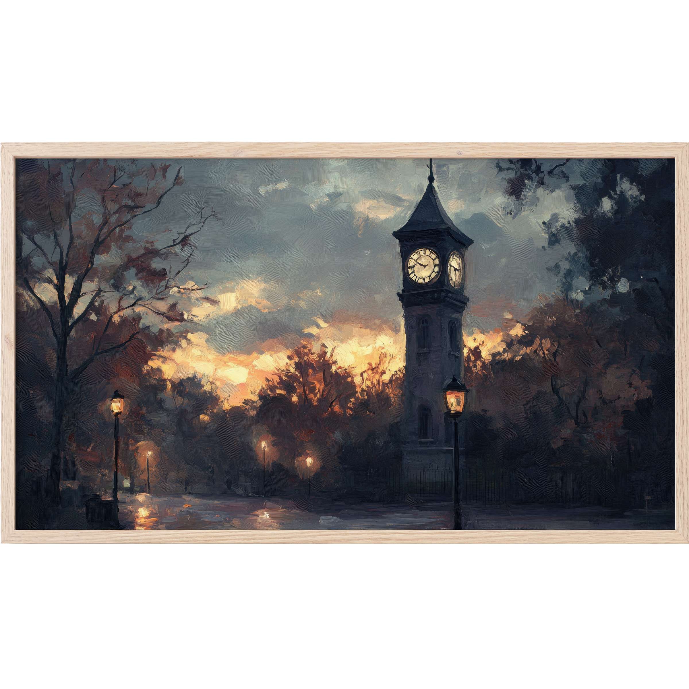 Elegant dusk scene with glowing street lamps and a clock tower in muted blues and warm amber hues, urban Frame TV Art