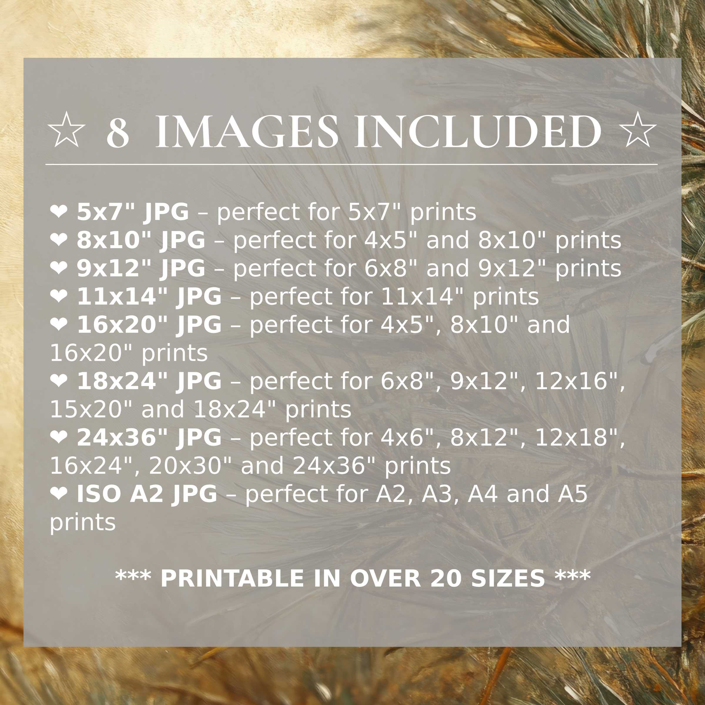 Print size guide showing 8 included JPG formats for versatile wall art printing – perfect for framing in popular sizes from 5x7 to 24x36 and A2